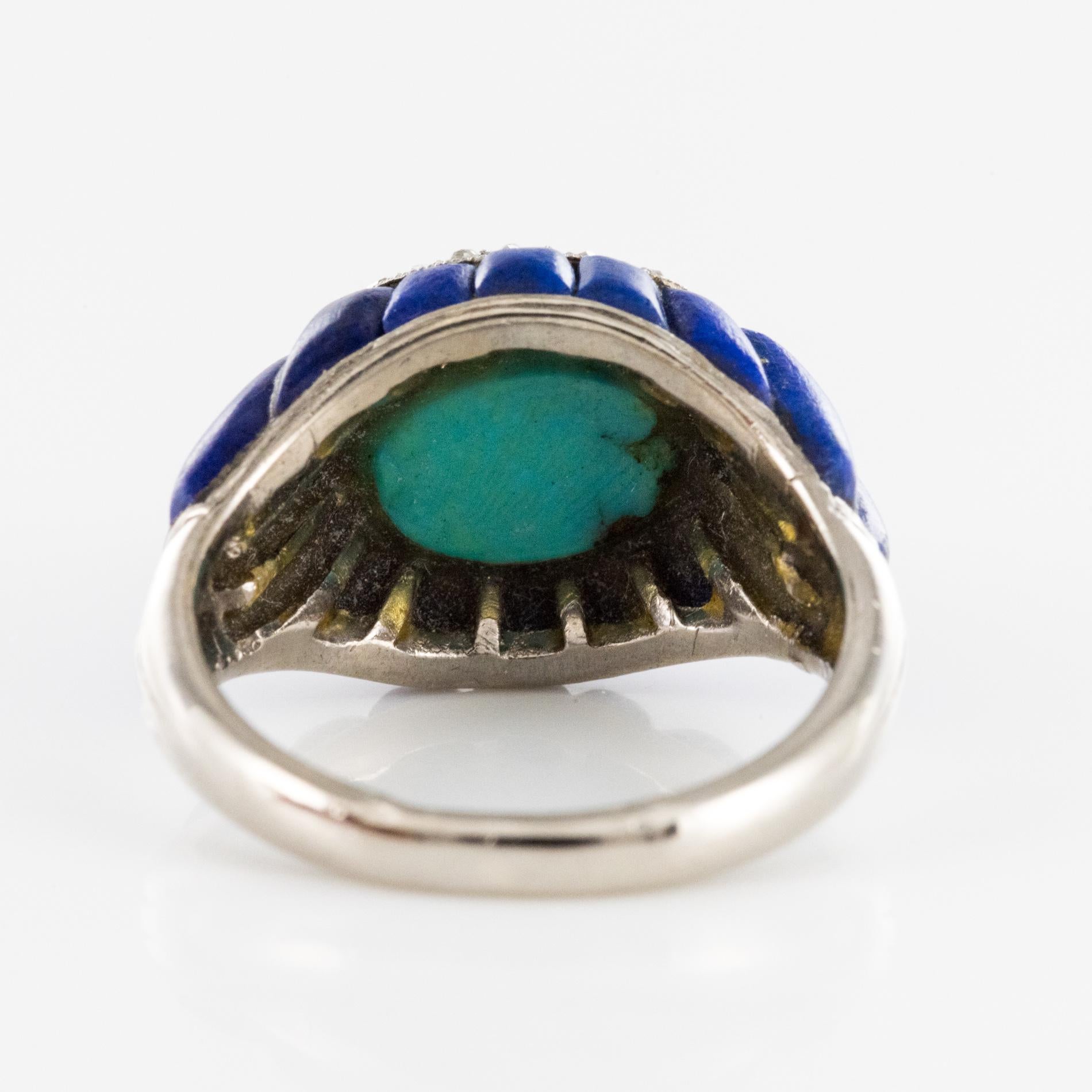 1930s Art Deco Sugarloaf Turquoise Lapis Lazuli Diamonds Platinum Ring 7