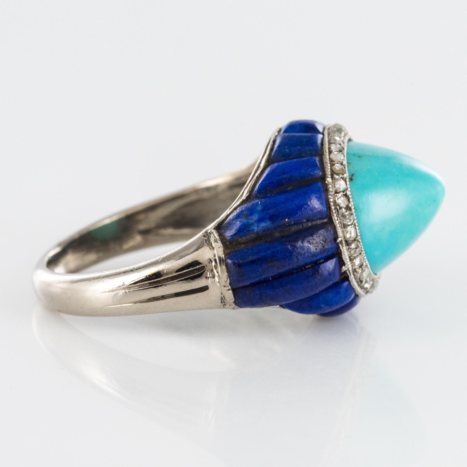 1930s Art Deco Sugarloaf Turquoise Lapis Lazuli Diamonds Platinum Ring 8