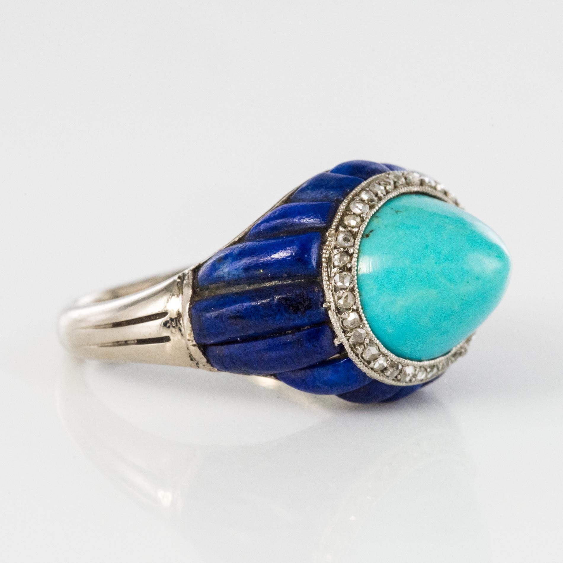 1930s Art Deco Sugarloaf Turquoise Lapis Lazuli Diamonds Platinum Ring 9