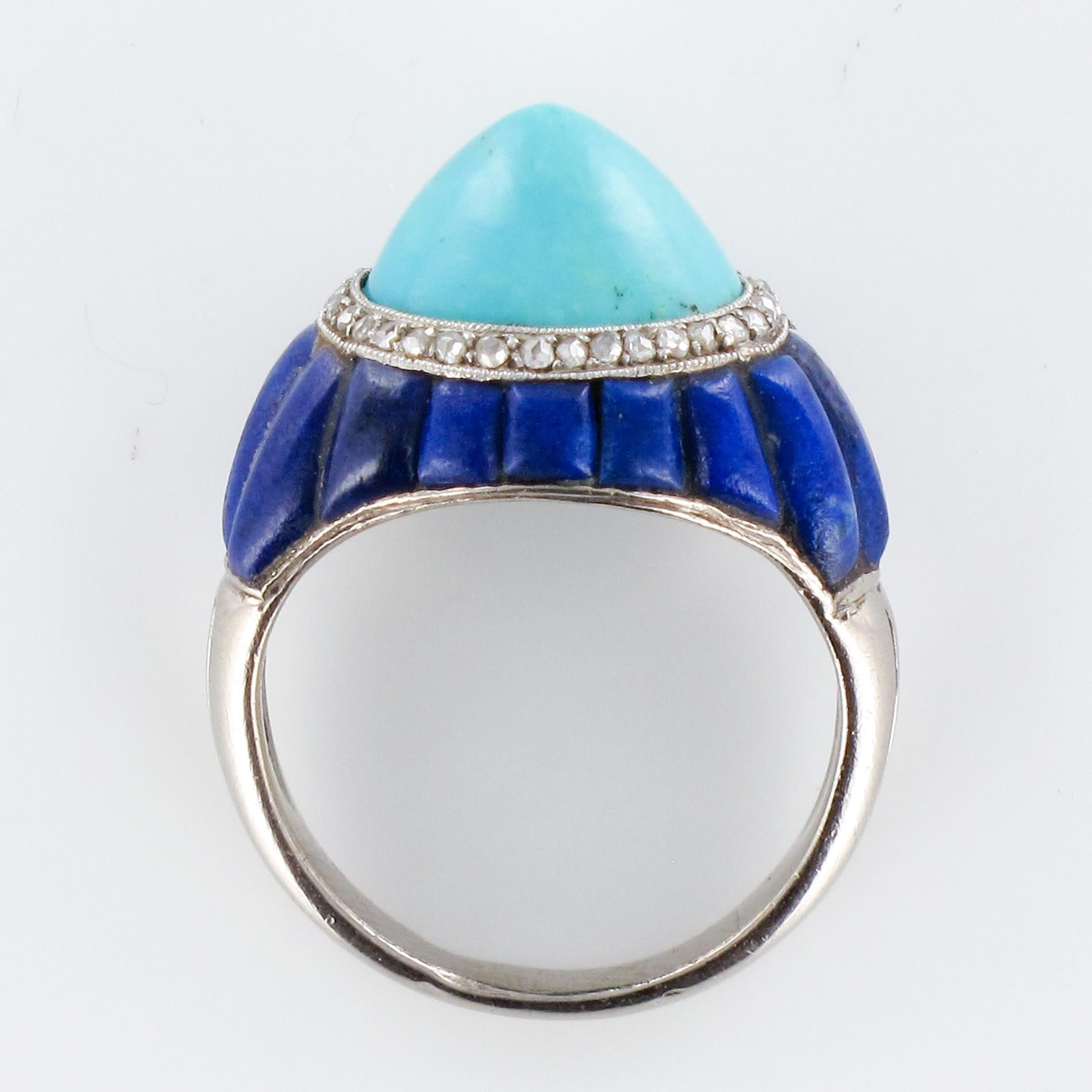 1930s Art Deco Sugarloaf Turquoise Lapis Lazuli Diamonds Platinum Ring 10