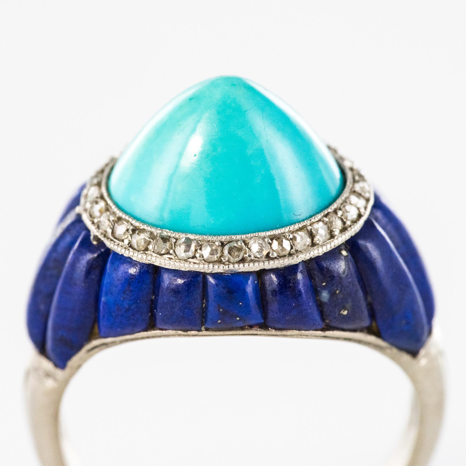Sugarloaf Cabochon 1930s Art Deco Sugarloaf Turquoise Lapis Lazuli Diamonds Platinum Ring