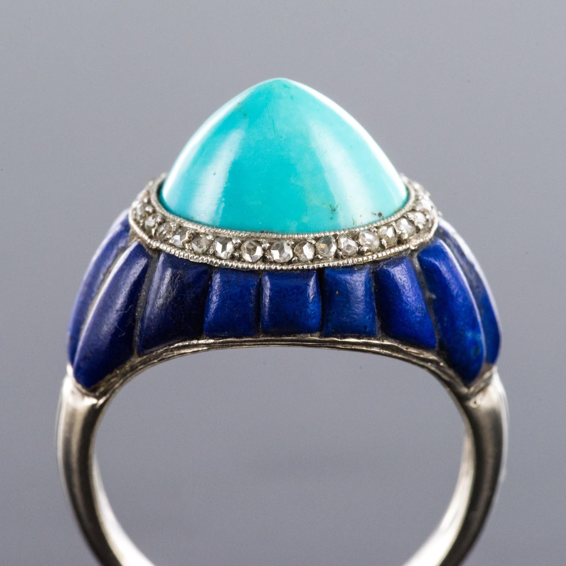 Women's 1930s Art Deco Sugarloaf Turquoise Lapis Lazuli Diamonds Platinum Ring