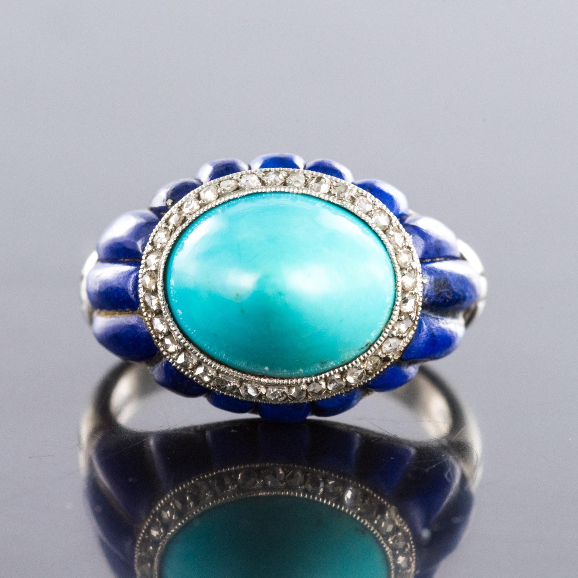 1930s Art Deco Sugarloaf Turquoise Lapis Lazuli Diamonds Platinum Ring 2