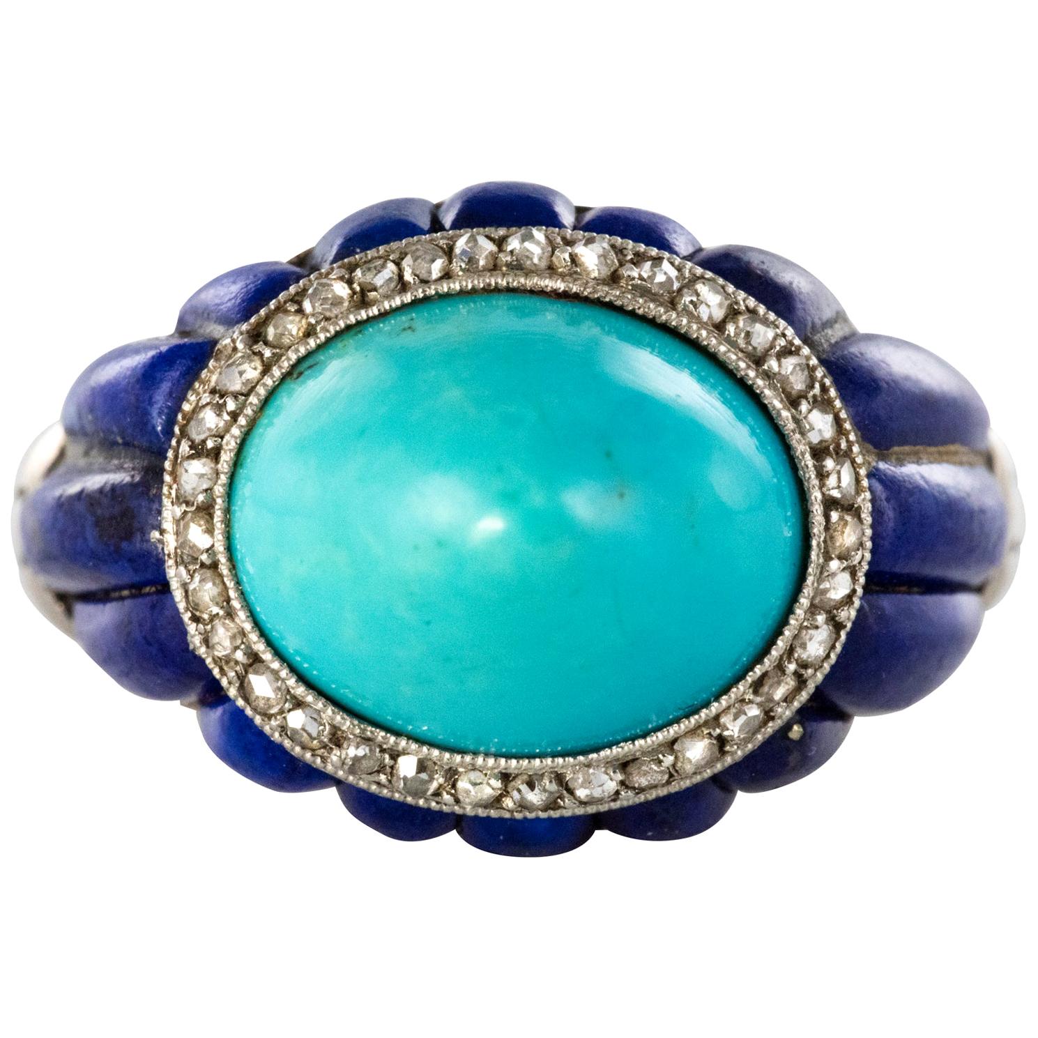 1930s Art Deco Sugarloaf Turquoise Lapis Lazuli Diamonds Platinum Ring