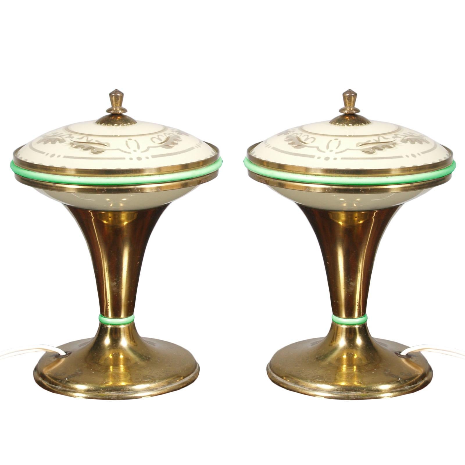 1930s Art Deco Table Lamps, Gilt Brass, Murano Opaline, Decorated Gold Glass