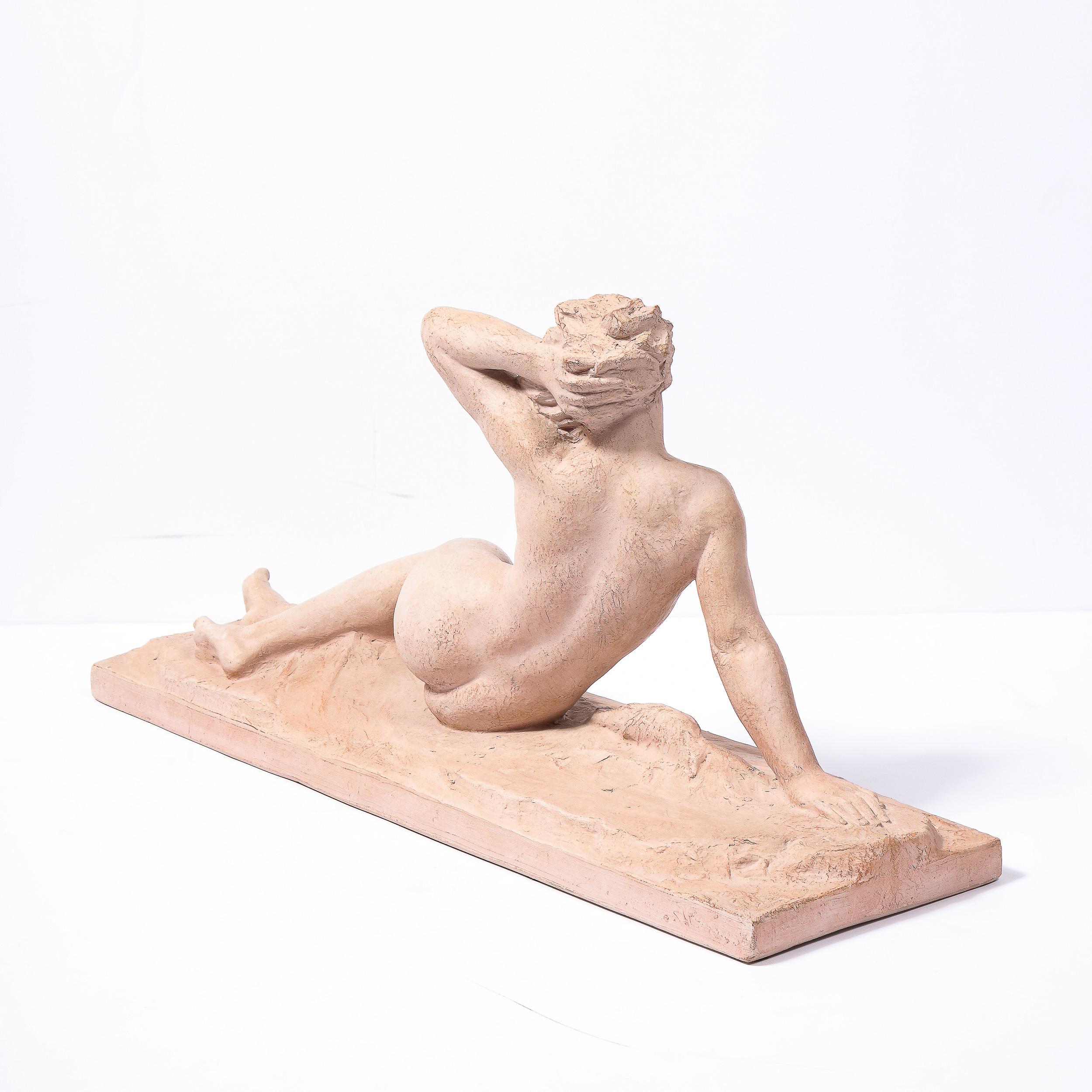 1930s Art Deco Terracotta Recumbent Nude Female Form Statue by Henri Bargas 3
