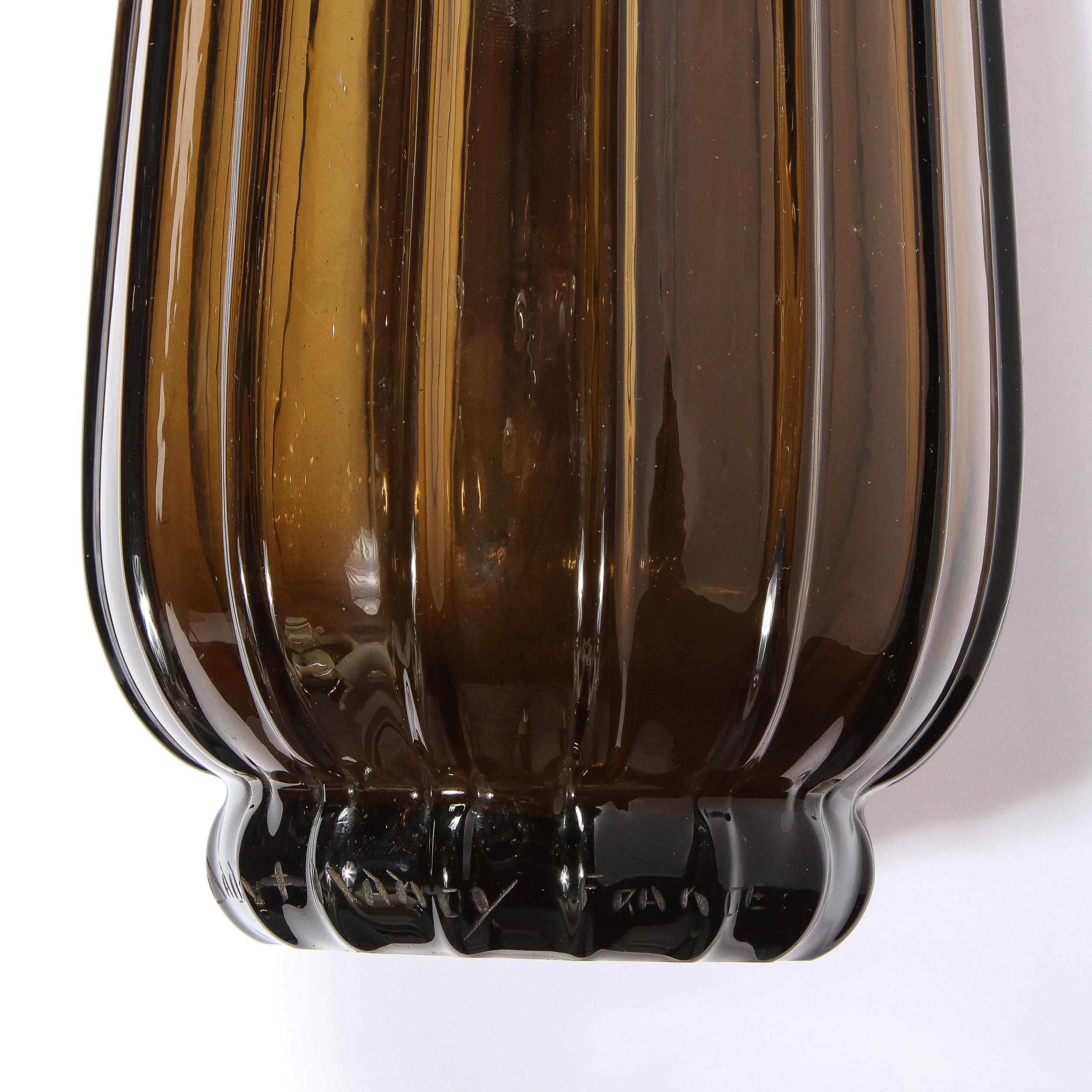 1930s Art Deco Topaz Colored Hand Blown Tall Vase, Signed by Daum Nancy France For Sale 4