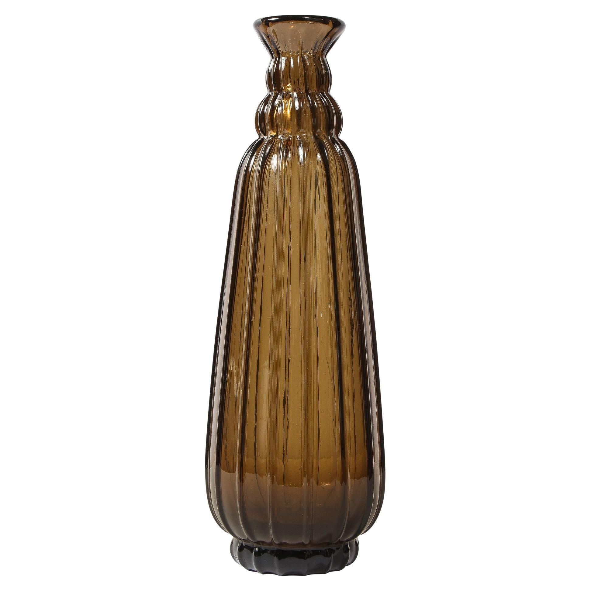 1930s Art Deco Topaz Colored Hand Blown Tall Vase, Signed by Daum Nancy France For Sale