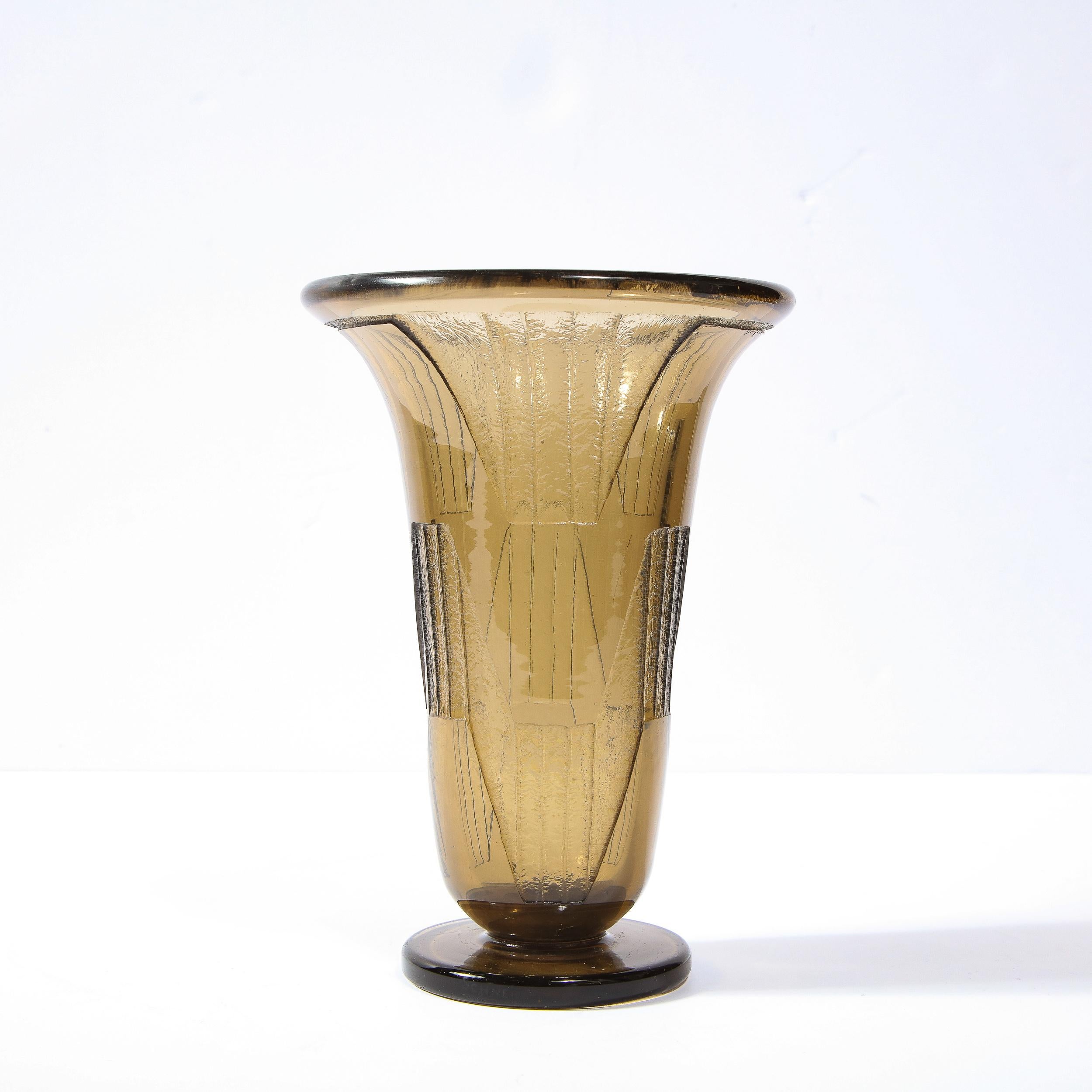French 1930s Art Deco Topaz Cubist Style Glass Vase, Signed by Schneider For Sale