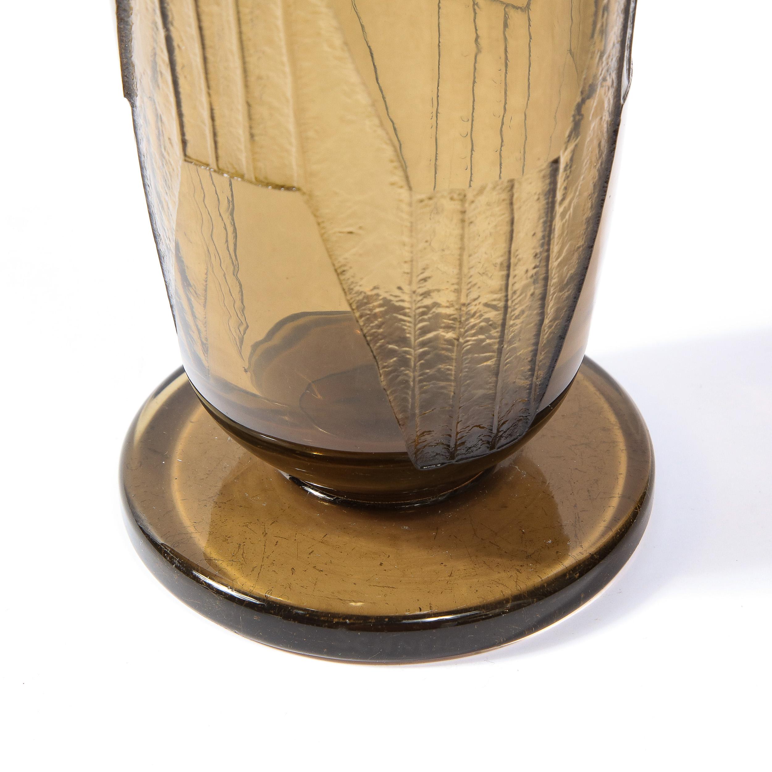 1930s Art Deco Topaz Cubist Style Glass Vase, Signed by Schneider In Excellent Condition For Sale In New York, NY