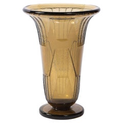 1930s Art Deco Topaz Cubist Style Glass Vase, Signed by Schneider