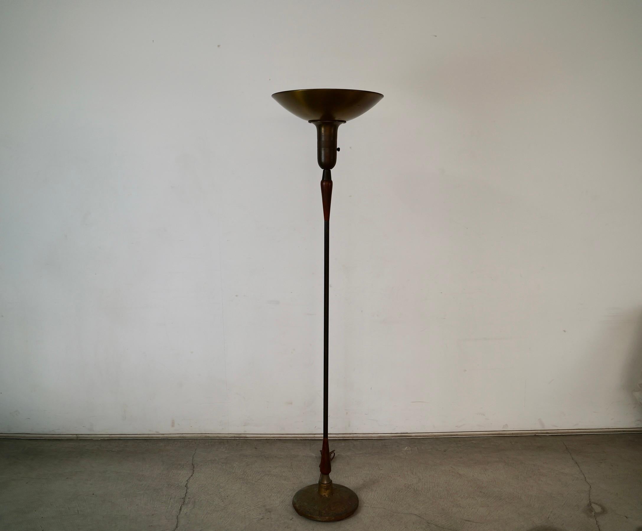 American 1930's Art Deco Torchiere Walnut & Brass Floor Lamp For Sale