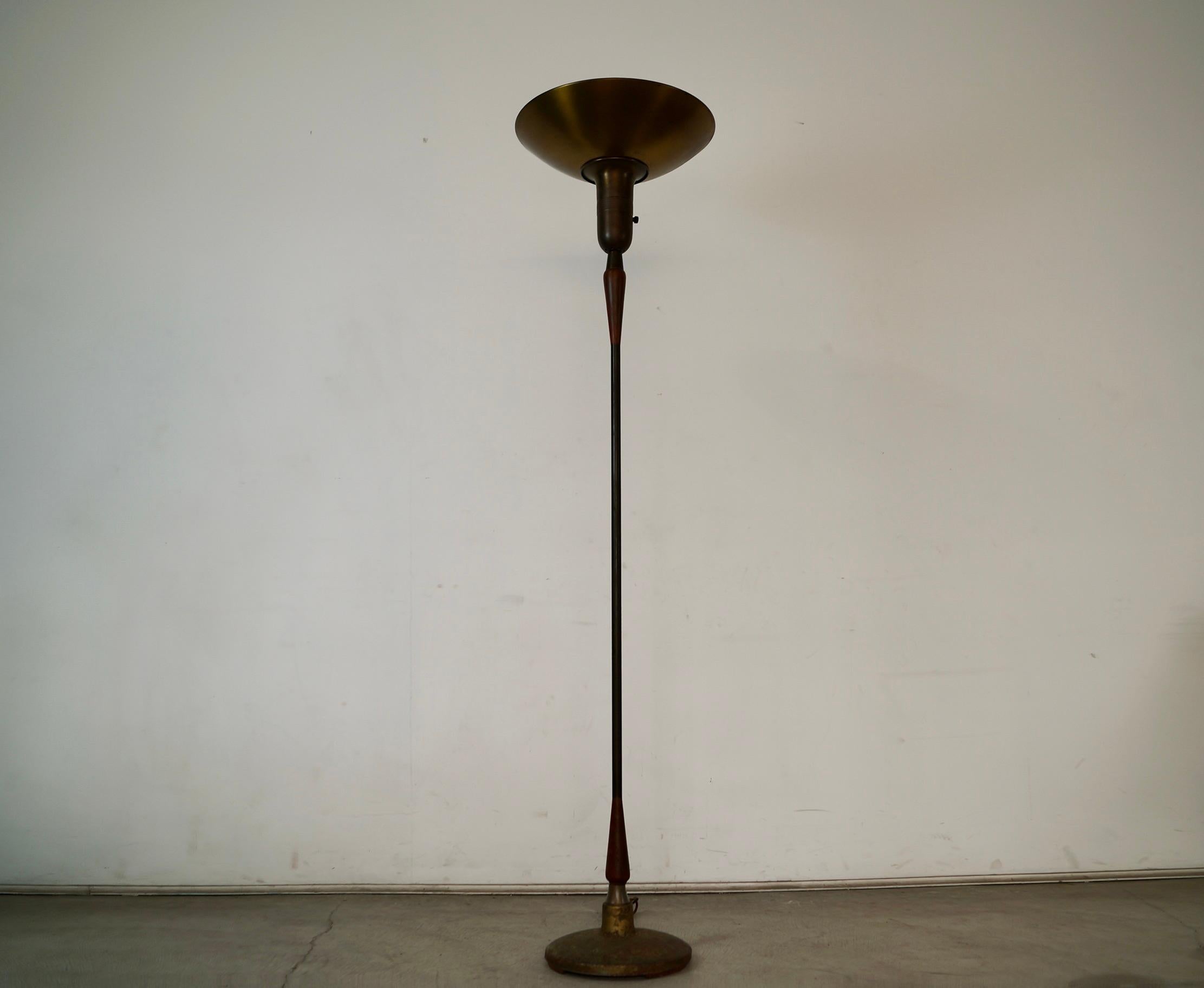 Mid-20th Century 1930's Art Deco Torchiere Walnut & Brass Floor Lamp For Sale