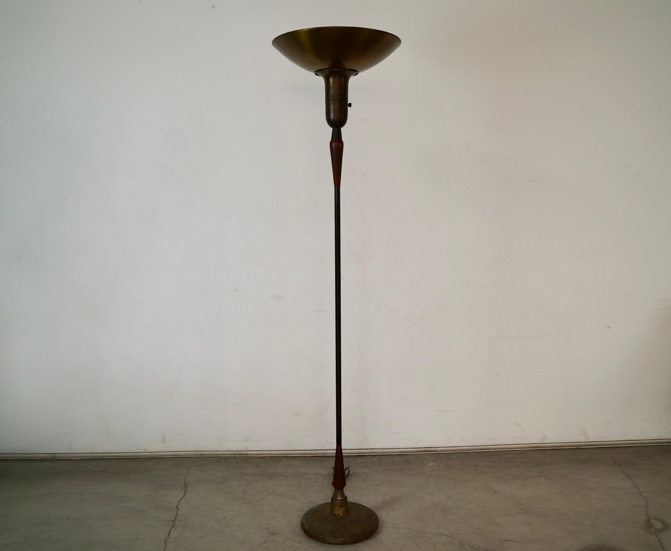 Metal 1930's Art Deco Torchiere Walnut & Brass Floor Lamp For Sale