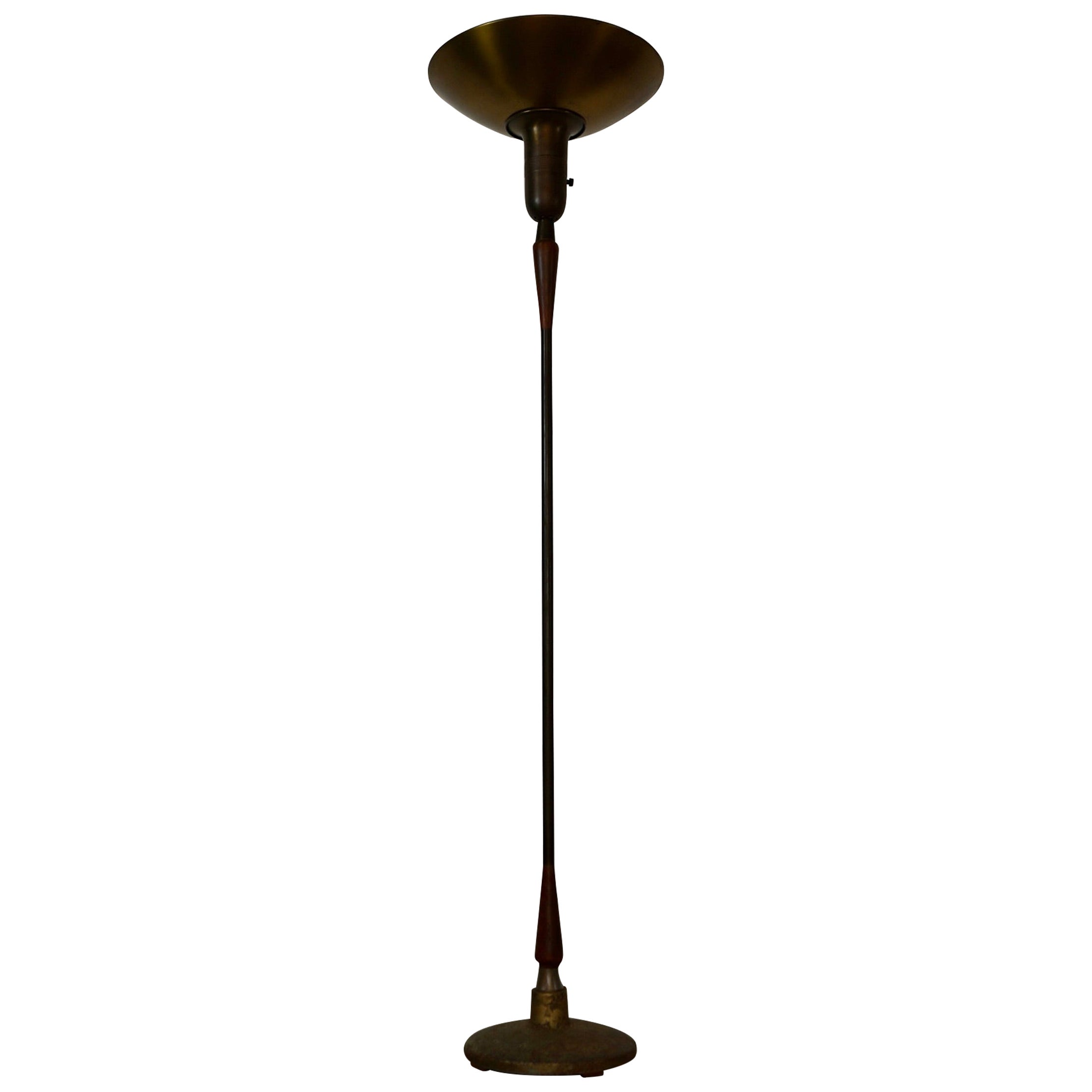 1930's Art Deco Torchiere Walnut & Brass Floor Lamp For Sale