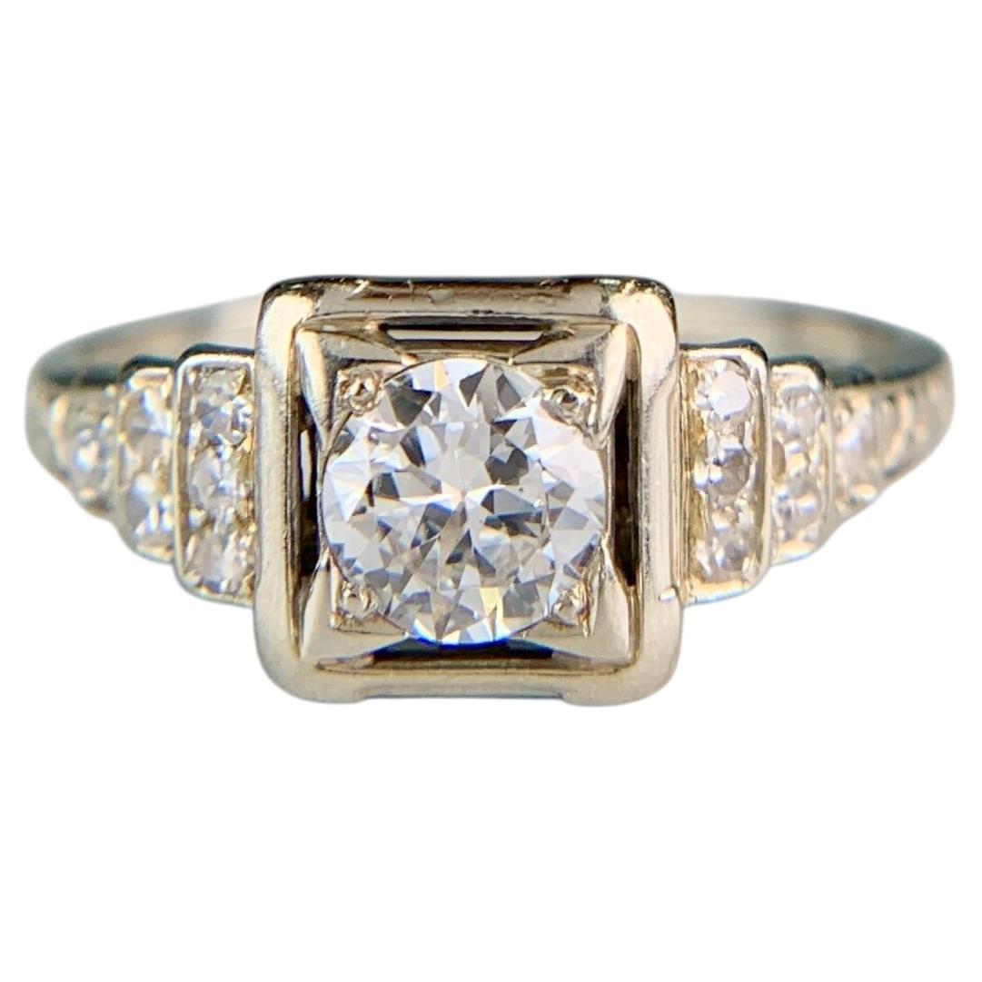 1930's Art Deco Transitional Diamond Engagement Ring 18k White Gold