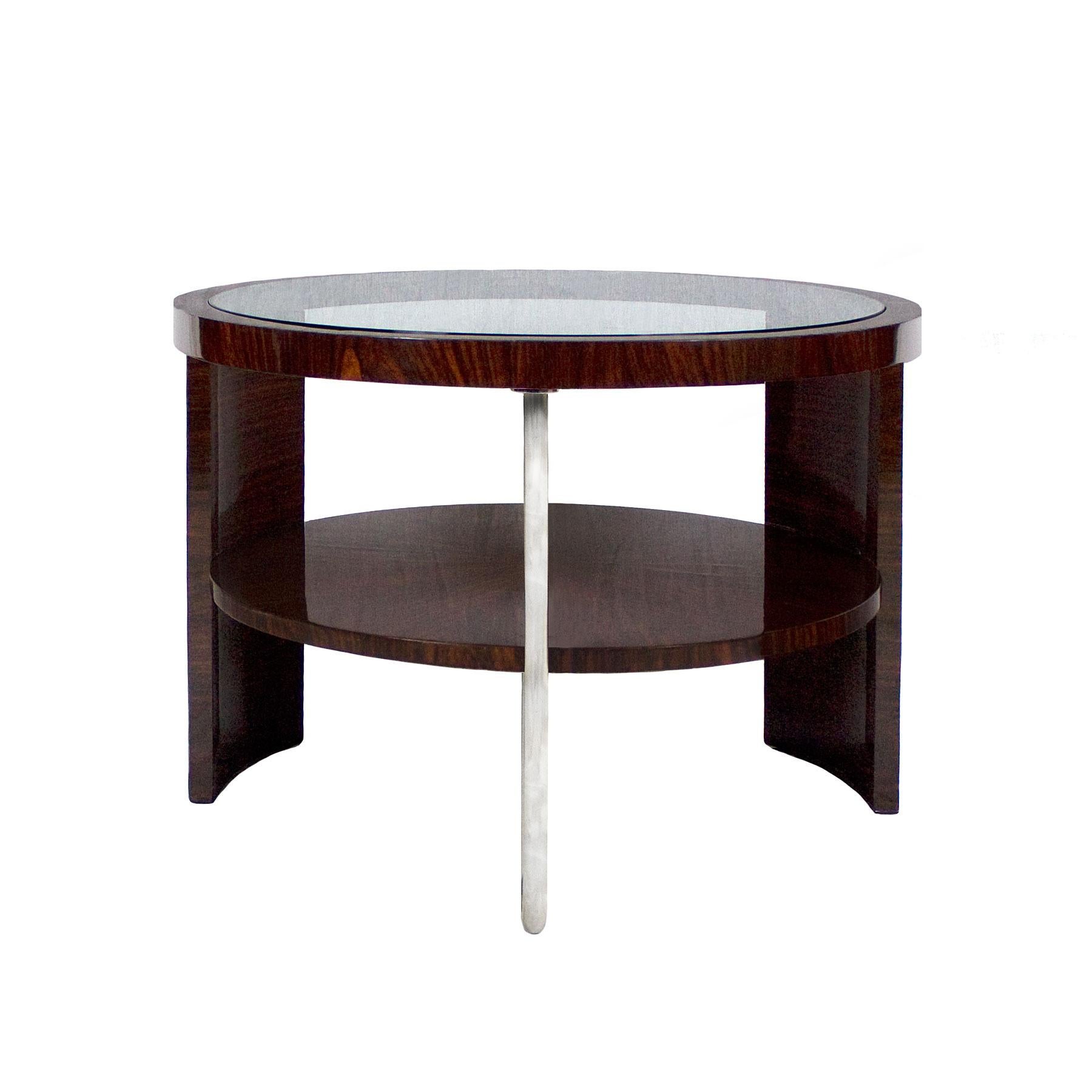 Outstanding Art Deco tripod side table, solid wood with mahogany veneer, French polish. Original glass on top and lower plate with 
