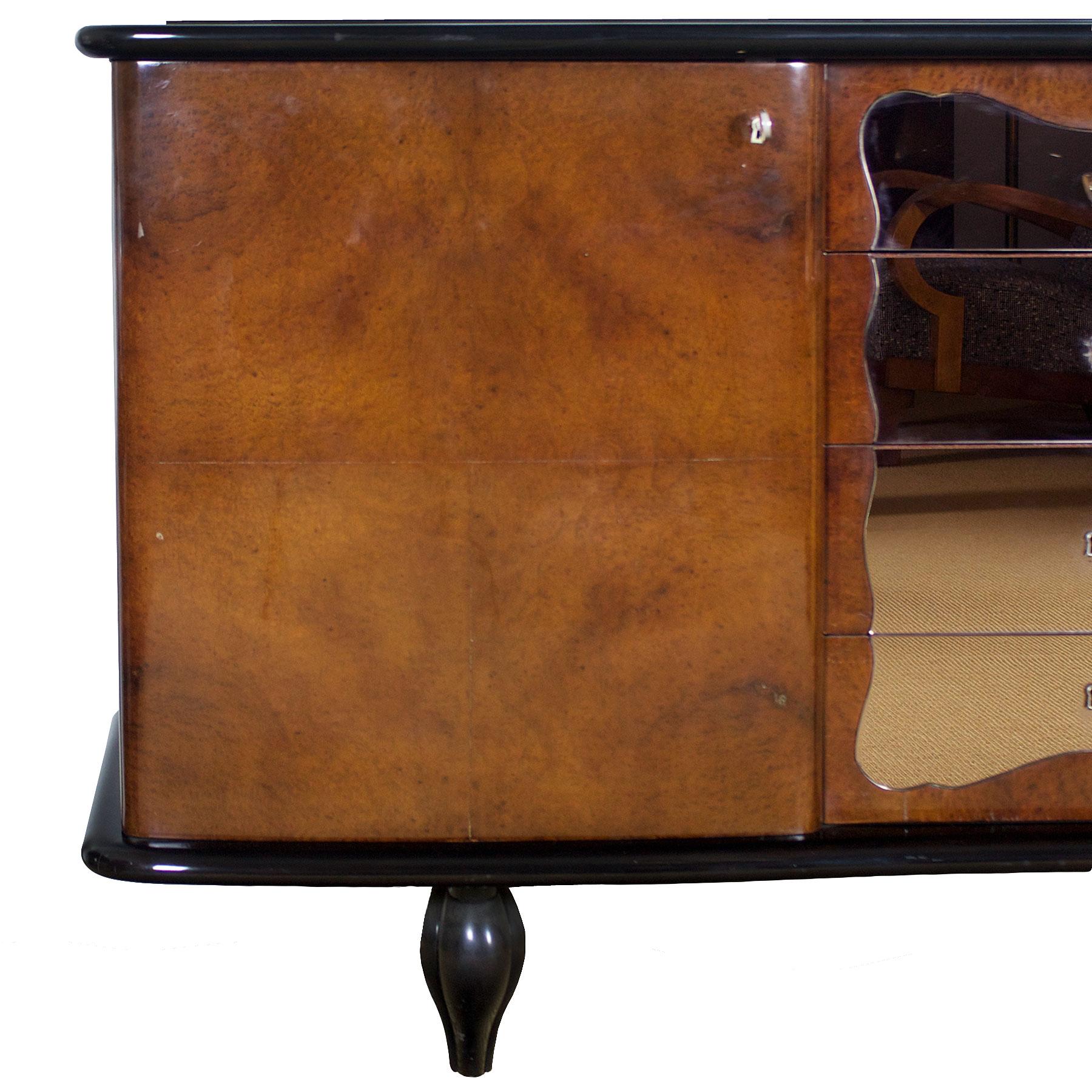 Italian 1930s Art Deco Two Doors and Four Drawers Sideboard, Thuya Burl, Mirror - Italy For Sale