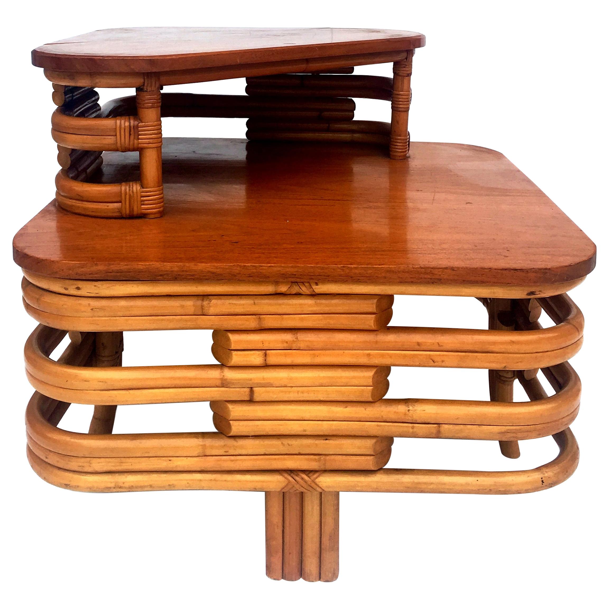 1930s Art Deco Two-Tier Bent Rattan and Mahogany Top Table by Paul Frankl For Sale