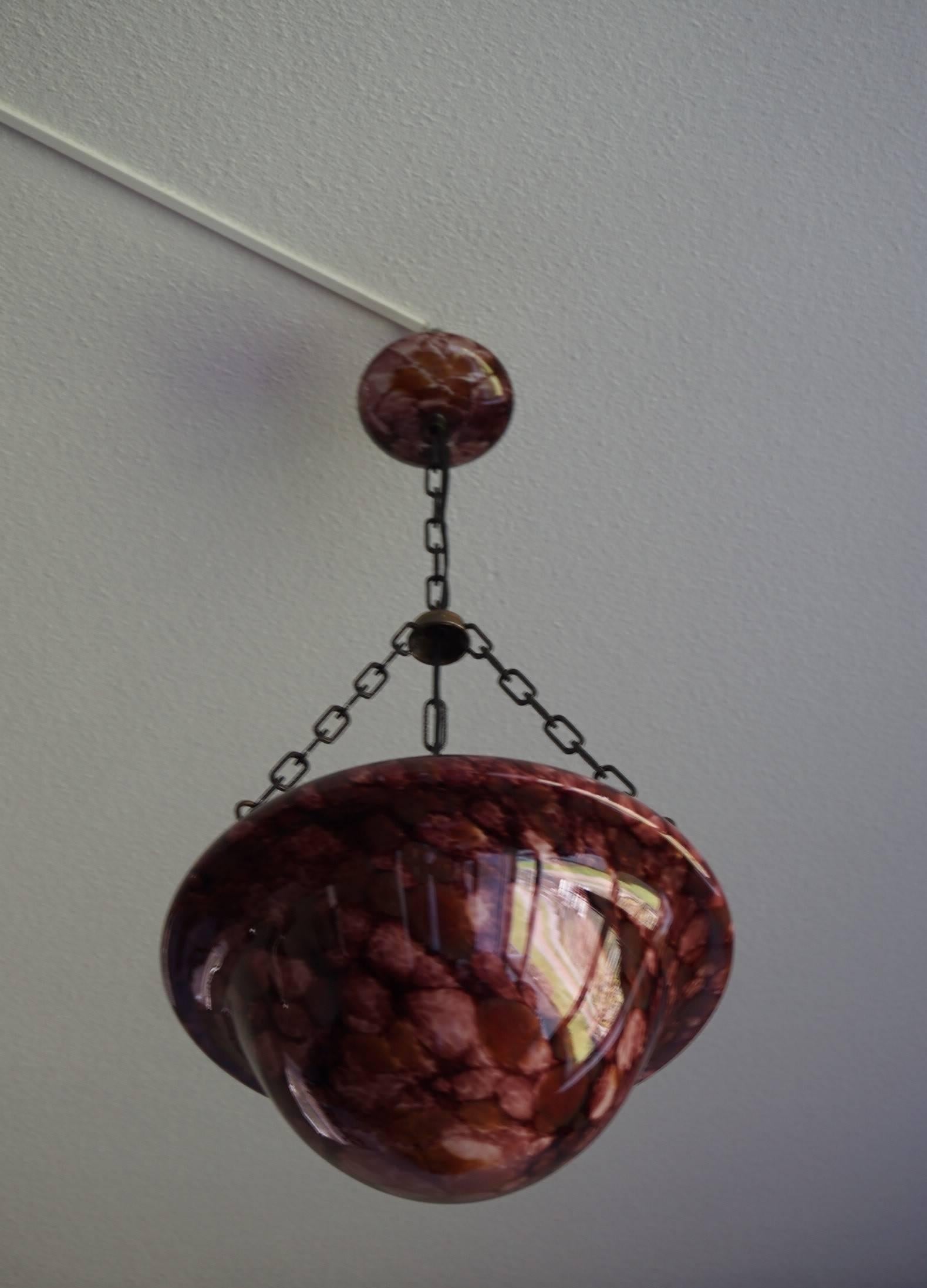 Metal 1930s Art Deco Upside Down Mushroom Shape Artistic Glass Shade & Canopy Pendant For Sale