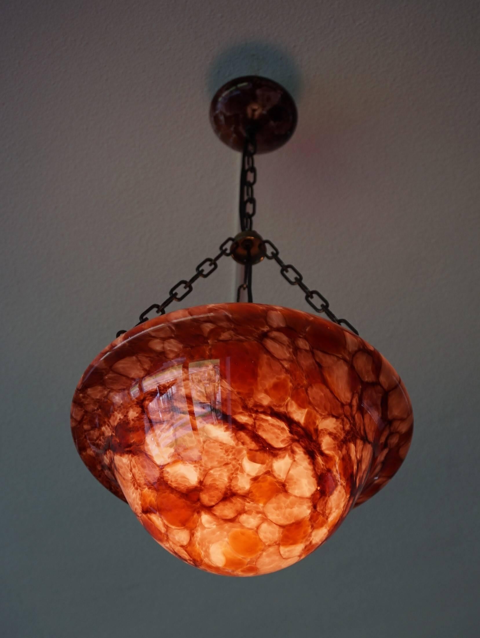 1930s Art Deco Upside Down Mushroom Shape Artistic Glass Shade & Canopy Pendant For Sale 1