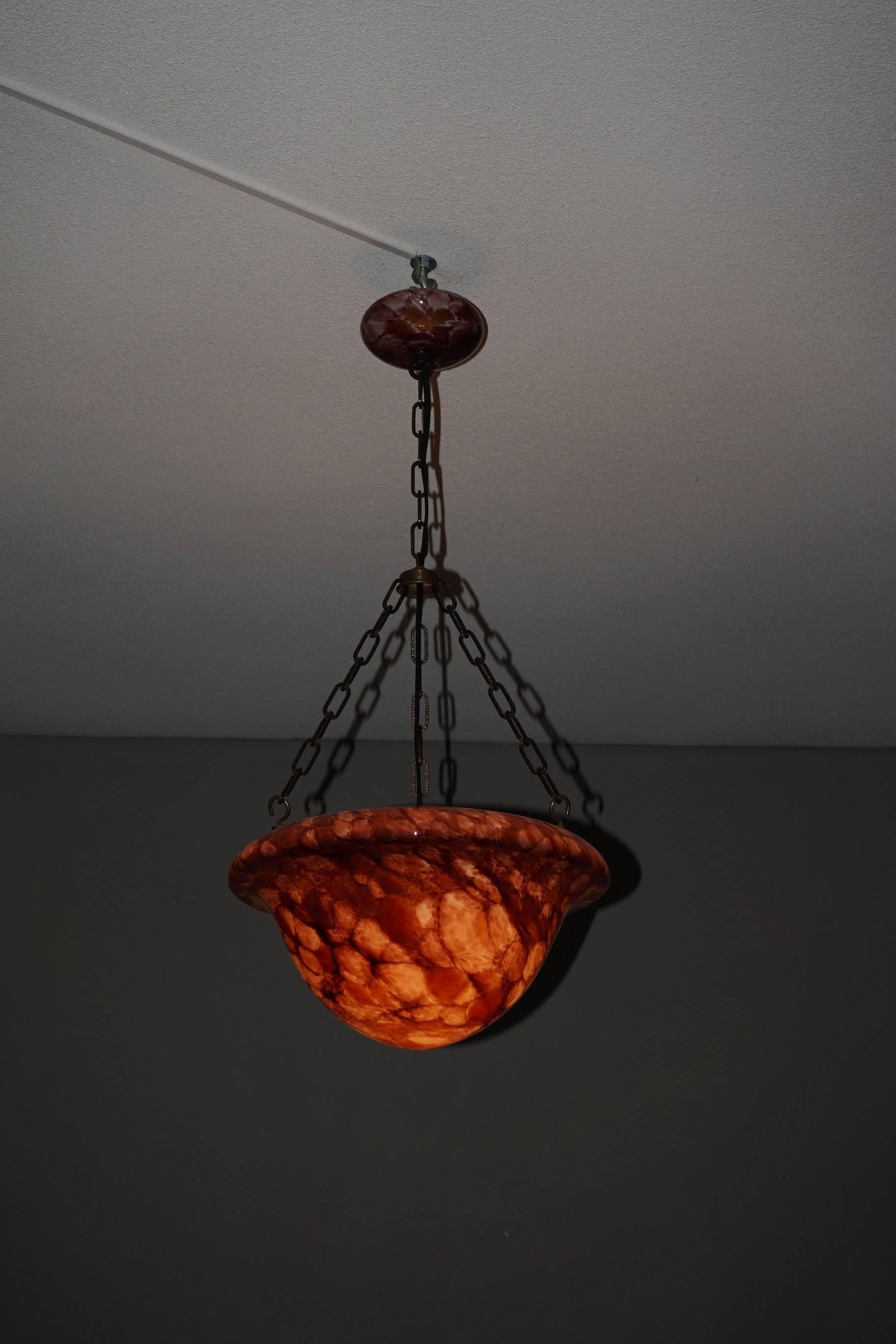 1930s Art Deco Upside Down Mushroom Shape Artistic Glass Shade & Canopy Pendant In Good Condition For Sale In Lisse, NL