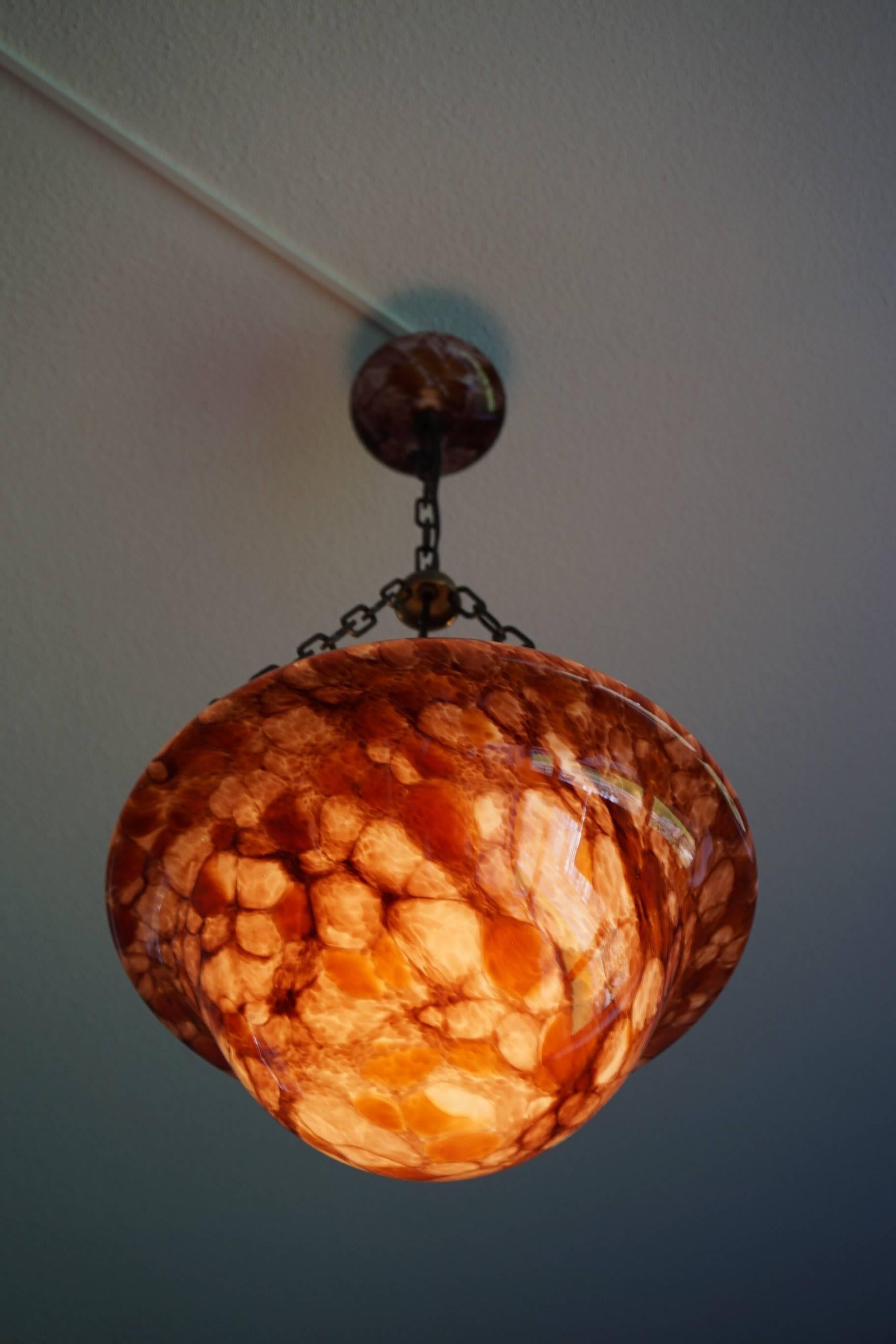 20th Century 1930s Art Deco Upside Down Mushroom Shape Artistic Glass Shade & Canopy Pendant For Sale