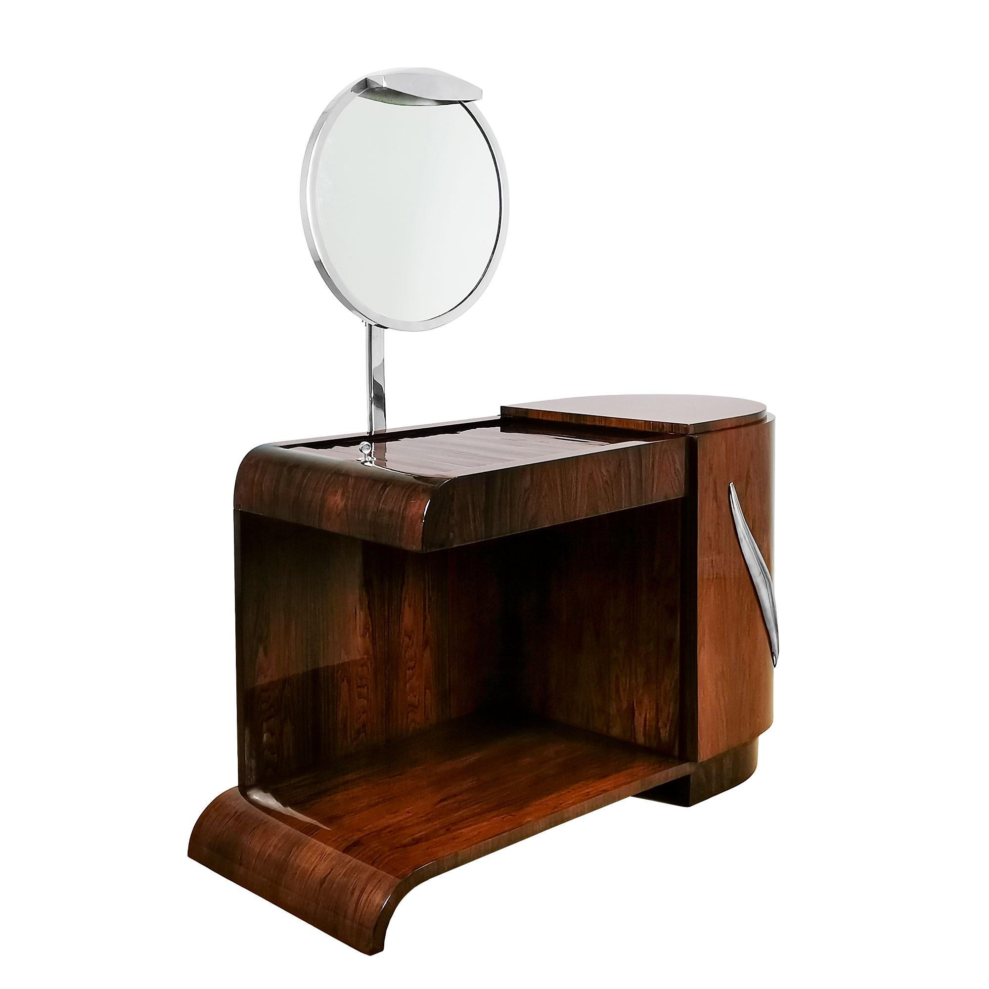 French Art Deco Vanity in Mahogany With Swiveling Luminescent Mirror - France, 1930s For Sale