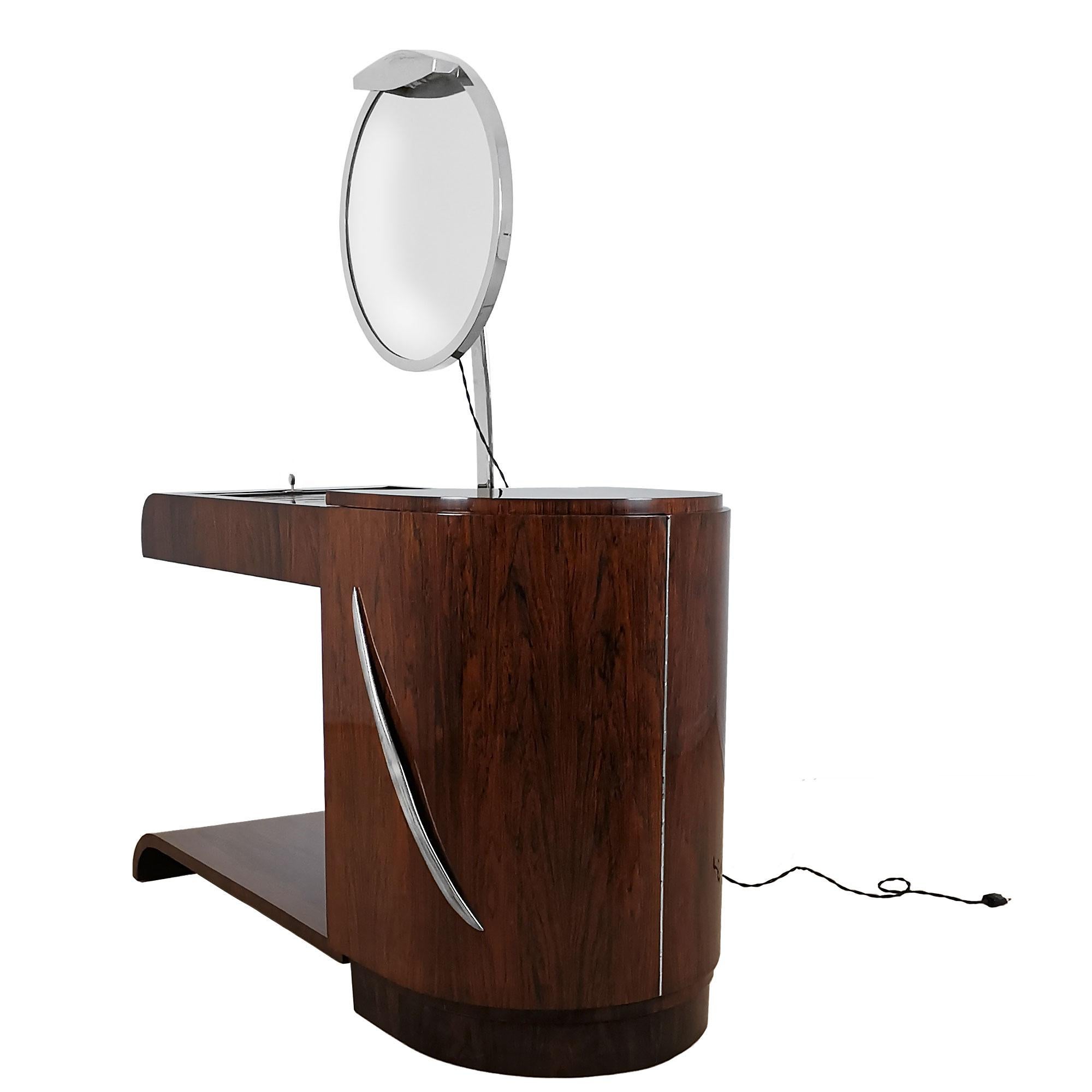 Brass Art Deco Vanity in Mahogany With Swiveling Luminescent Mirror - France, 1930s