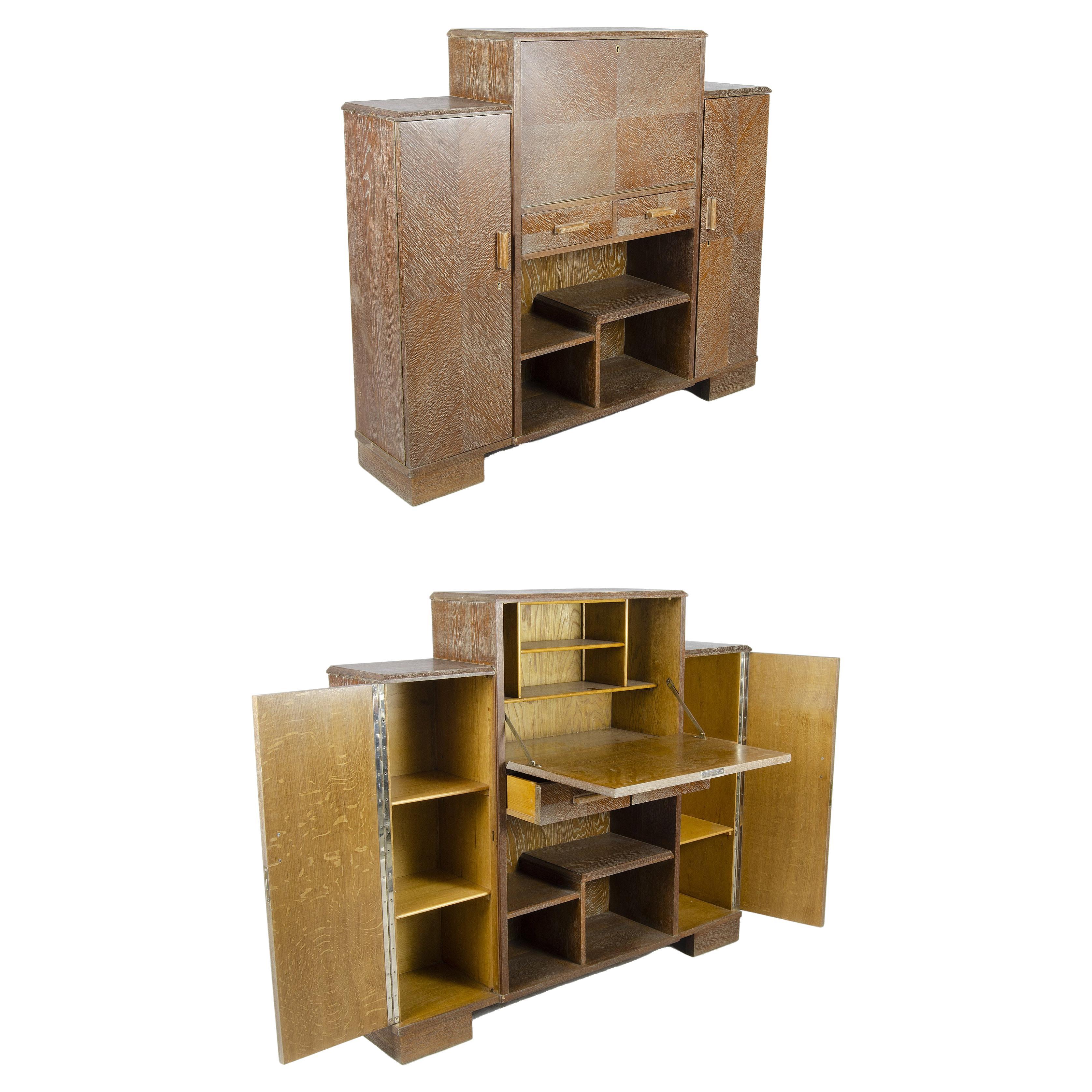 1930s Art Déco Veneered Wood Secretary Cabinet in Jacques Adnet Style, France