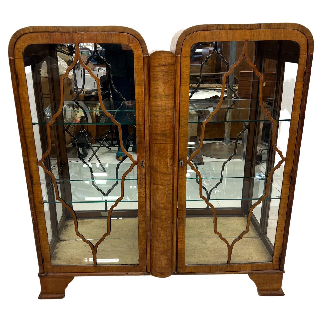 1930s Art Deco Vitrine Display Cabinet Sculptural Exotic Wood Glass Shelving For Sale