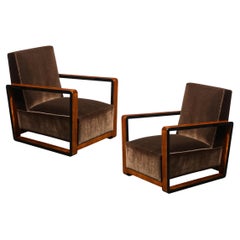 1930s Art Deco Walnut and Black Lacquer Club Chairs in Newly Upholstered Mohair