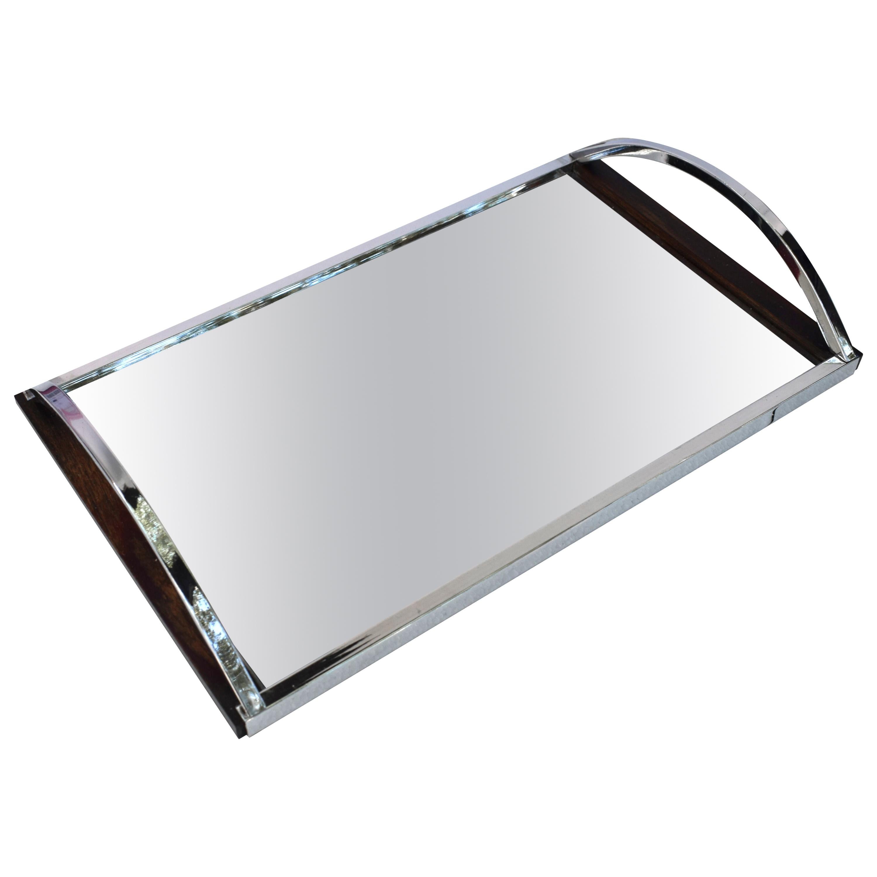 1930s Art Deco Walnut Chrome Mirror Cocktail Drinks Tray