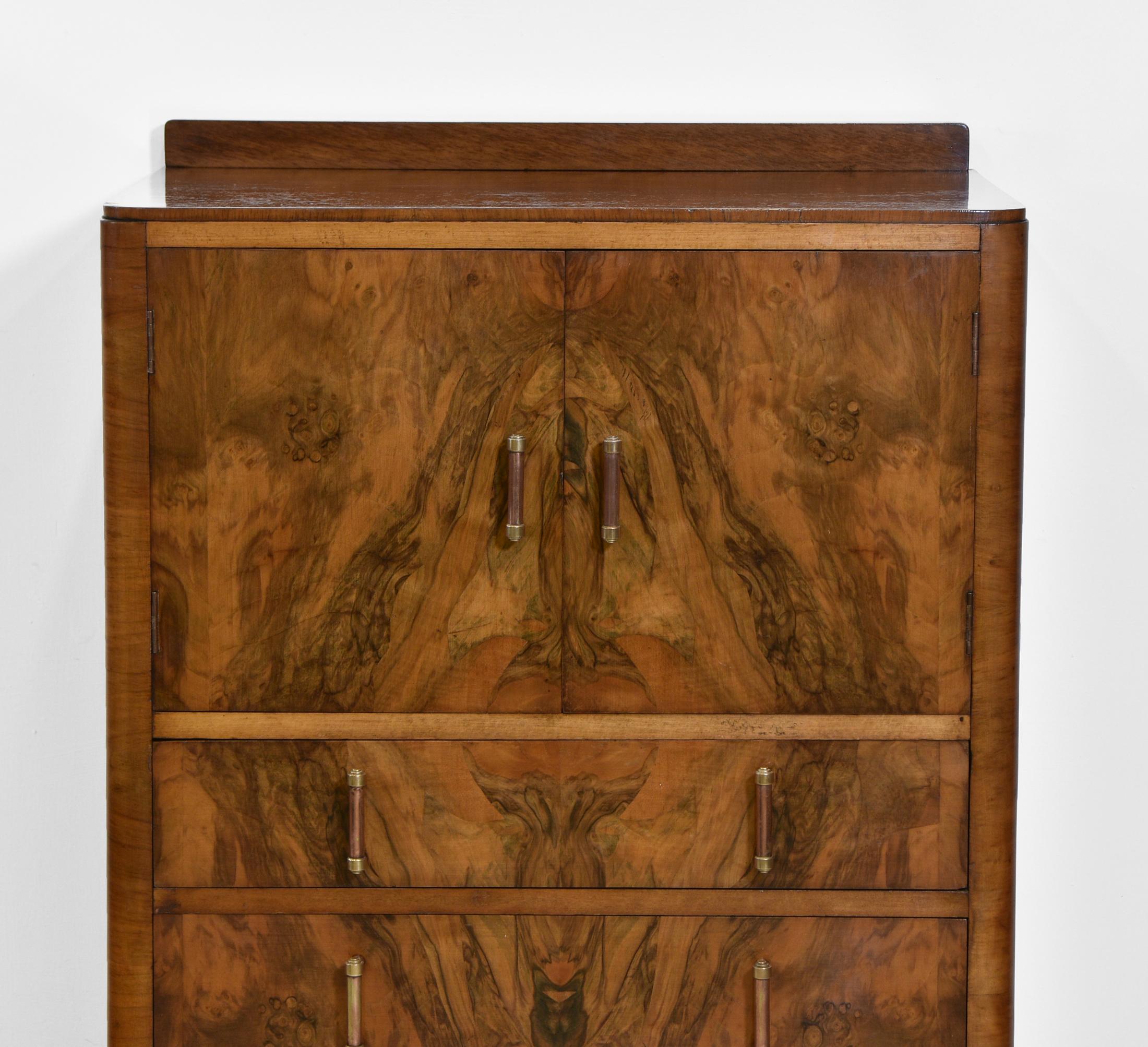 English 1930s Art Deco Walnut Compact Tallboy Chest of Drawers