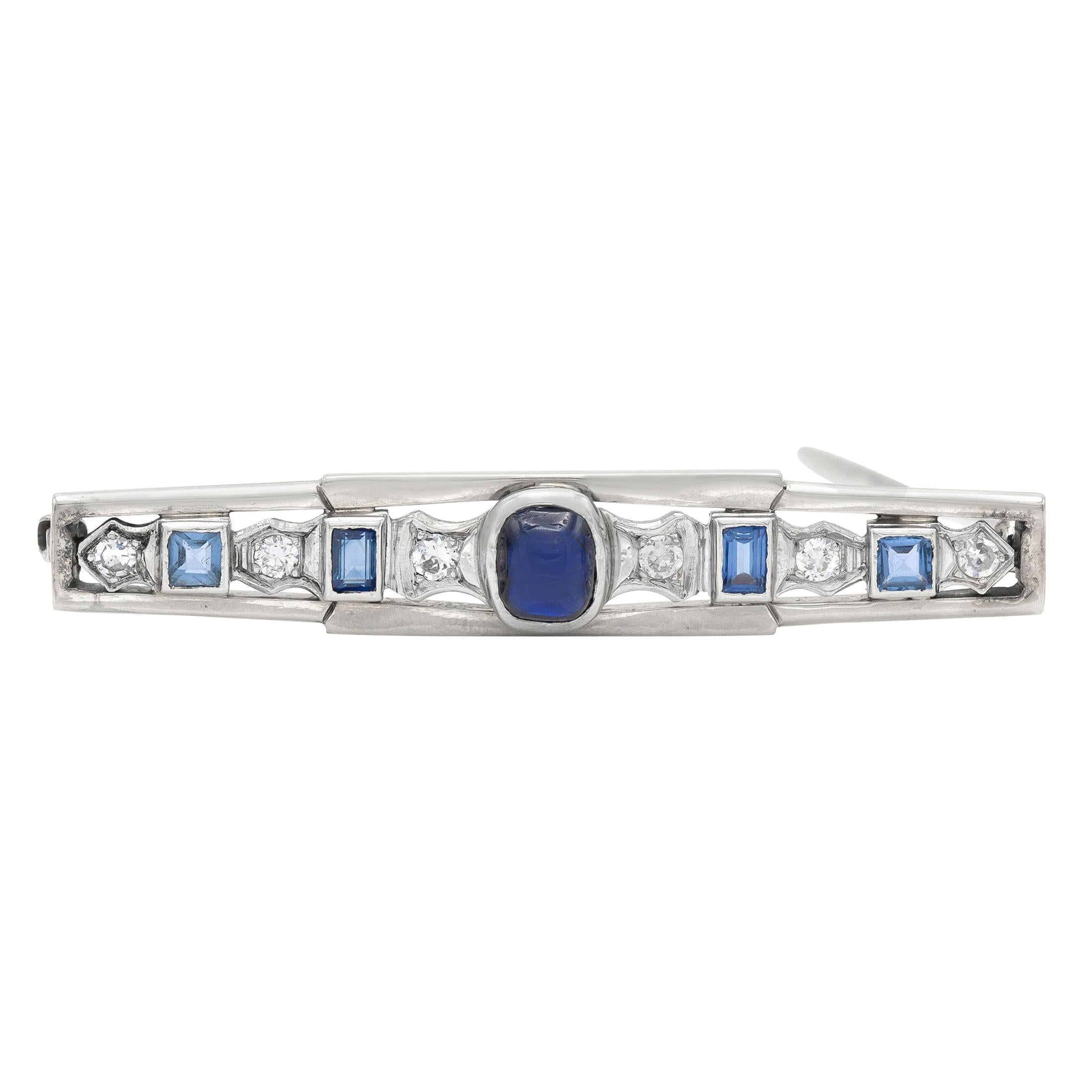 1930s Art Deco White Gold Pin with Sapphires and Diamonds For Sale