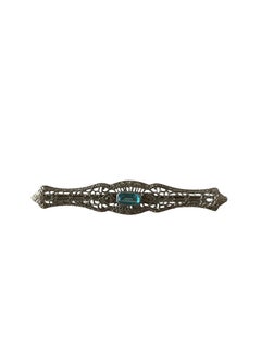 1930s Art Deco White Metal Bar Brooch with Aqua Blue Glass