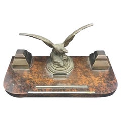 Encrier italien Art Déco en bois et laiton des années 1930