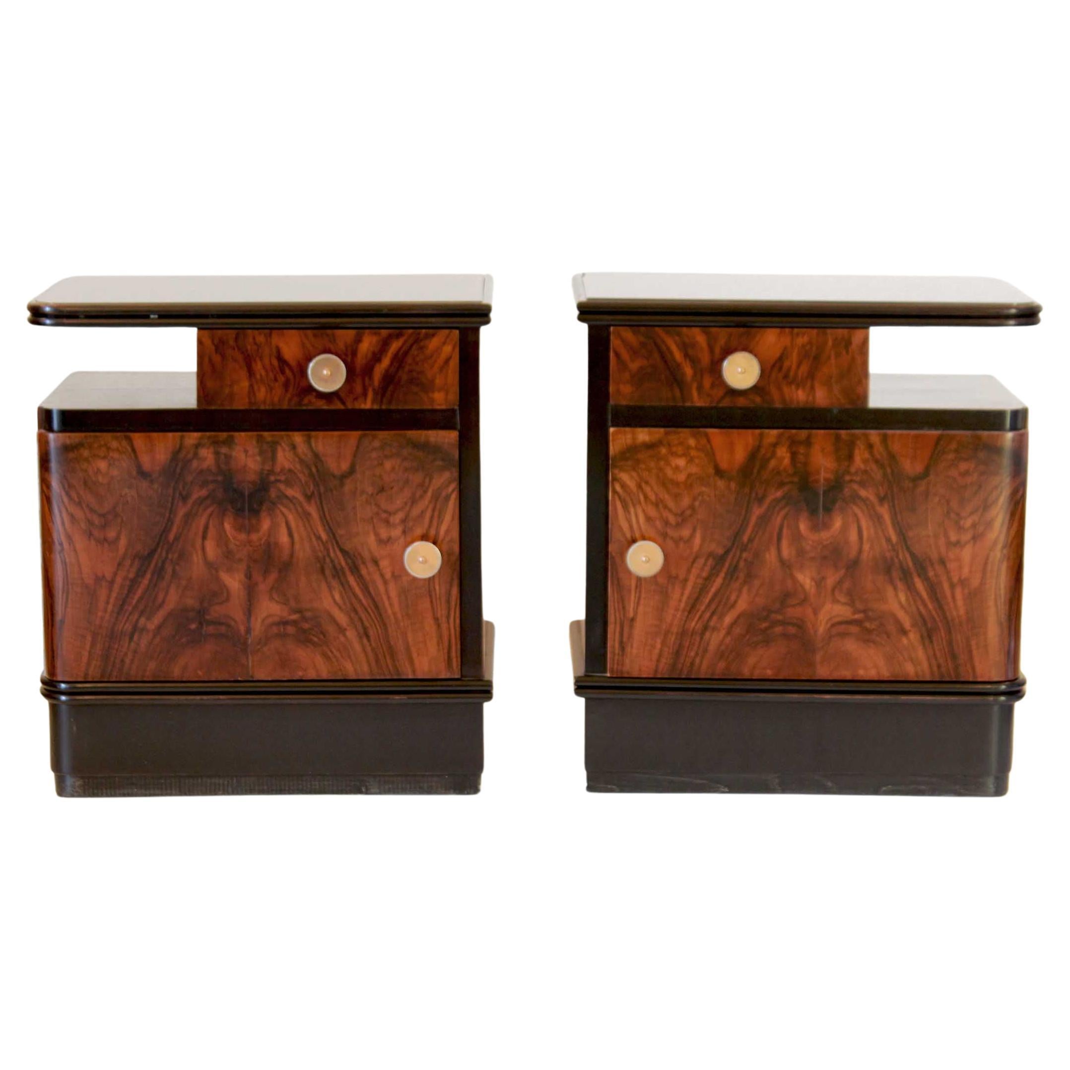 1930s Art Deco Wood and Opaline Night Stands, Set of Two