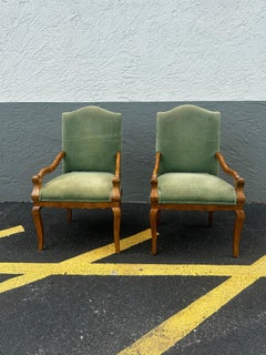 1930s Art Deco Wood Green Chenille Plaid Scalloped Arm Chairs, Set of 2