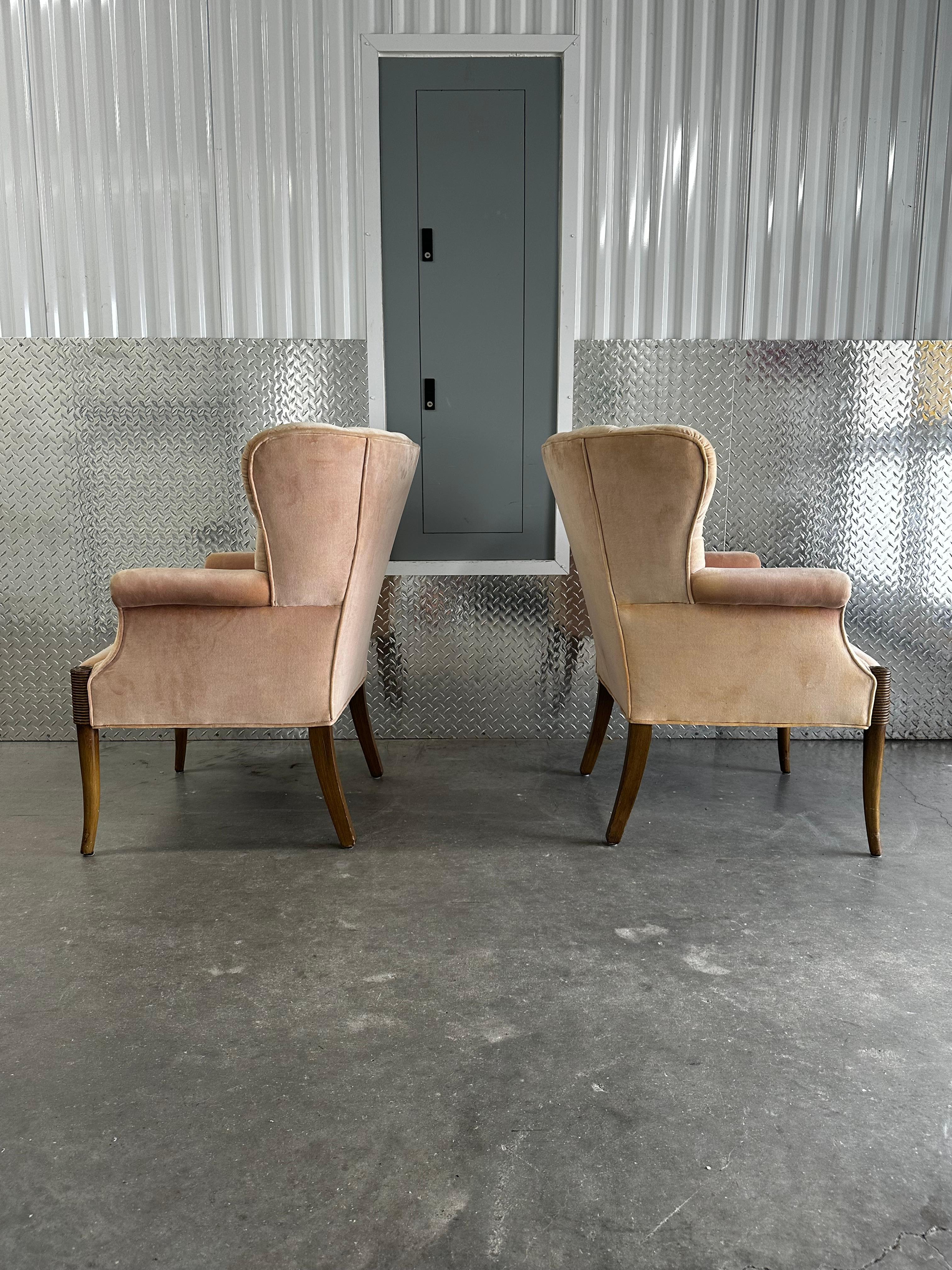 1930s Art Deco Sculptural Pink Velvet Paul Follot Style Arm Chairs, Set of 2 For Sale 1