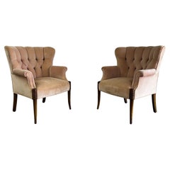 1930s Art Deco Wood Pink Velvet Paul Follot Style Arm Chairs, Set of 2