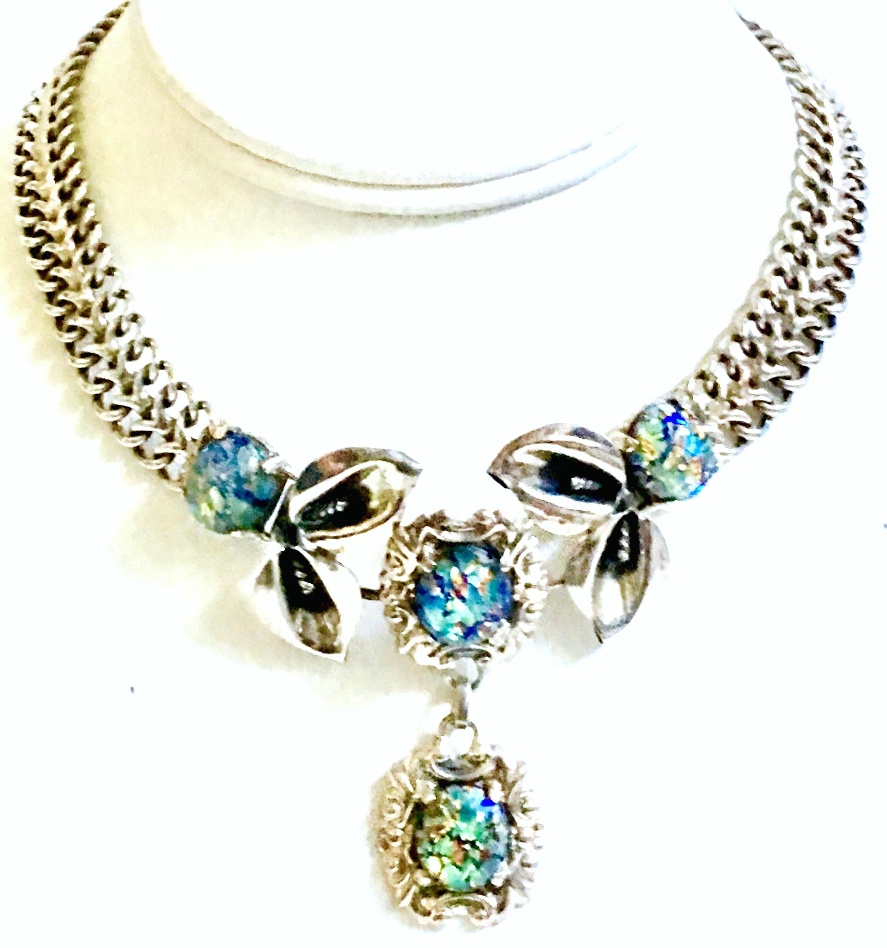 Mid-20th Century Art Nouveau 925 Sterling Silver Chain Link & Opal Art Glass Cabochon Set Choker Style Necklace, Signed 