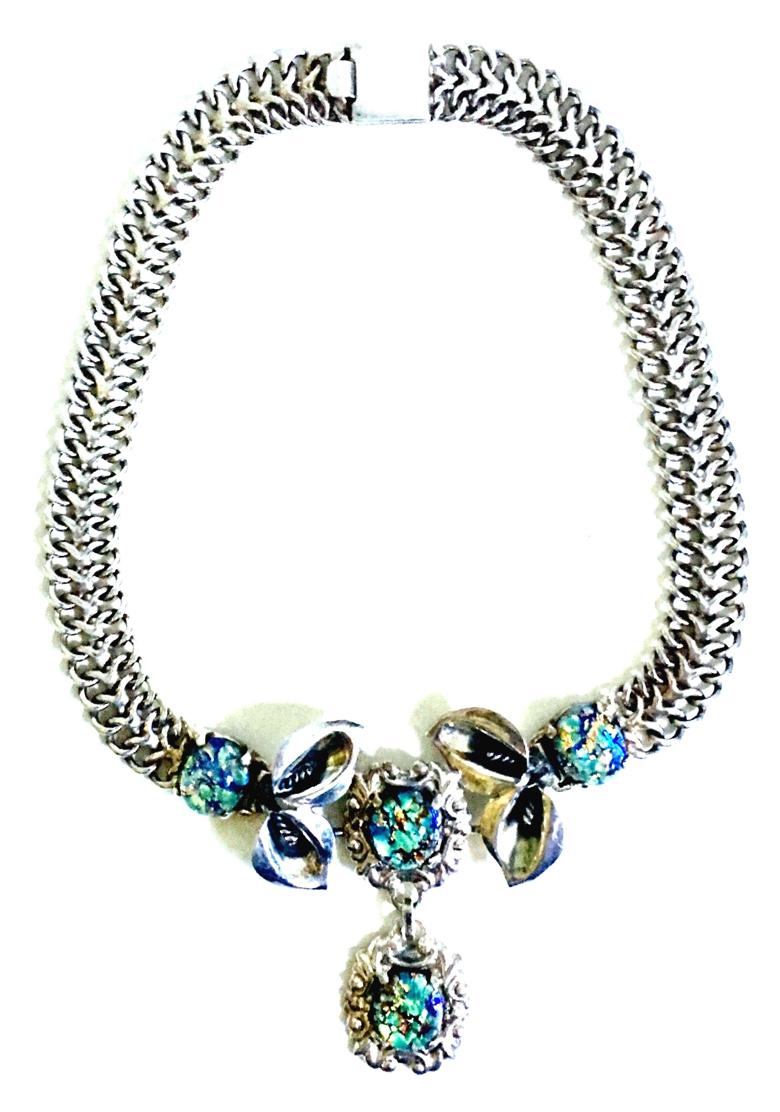 Art Nouveau 1930'S Art Noueveau Sterling Silver Art Glass Choker Necklace-Signed For Sale