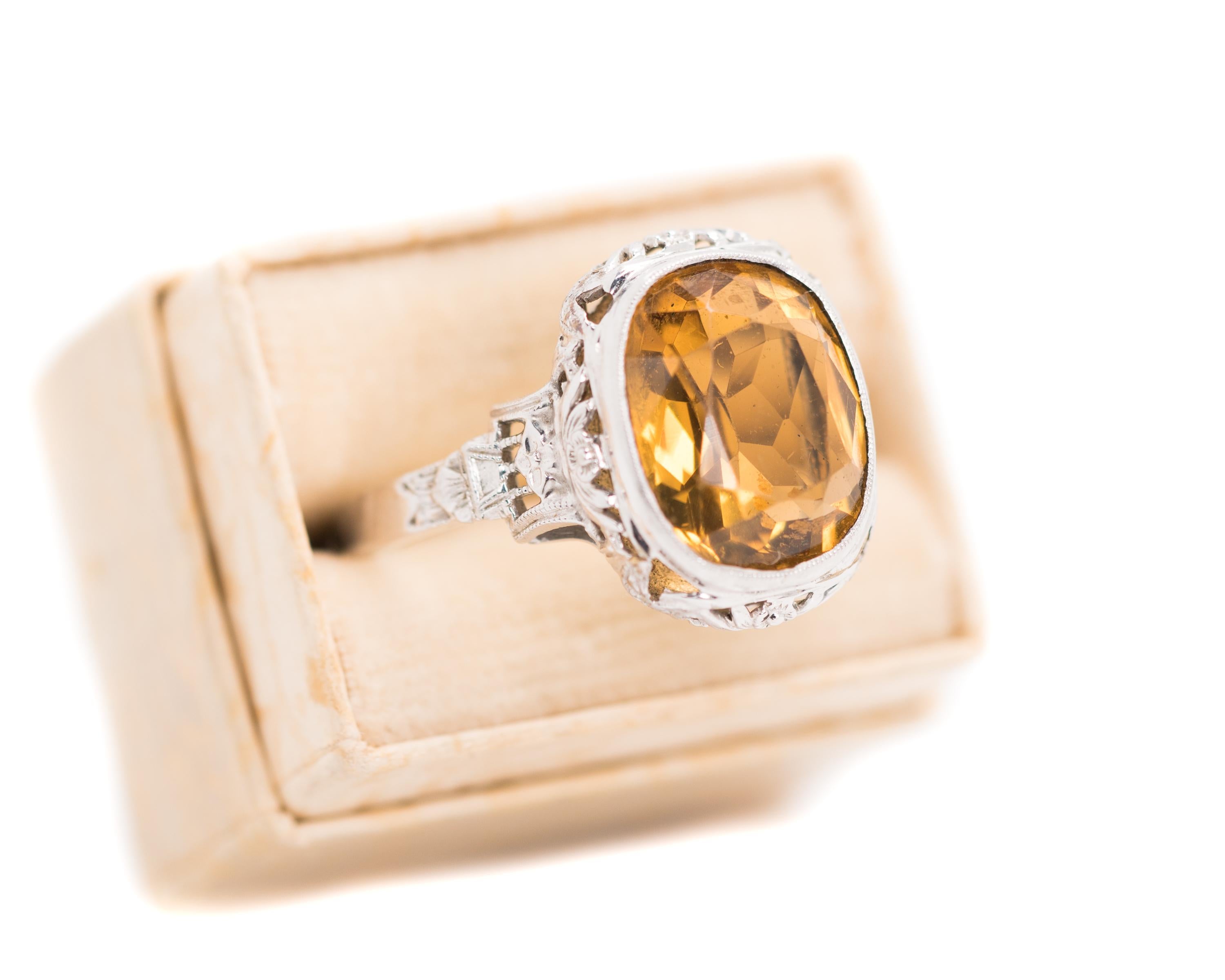 1930s Art Nouveau 5 Carat Citrine, 14 Karat White Gold Filigree Engagement Ring 4