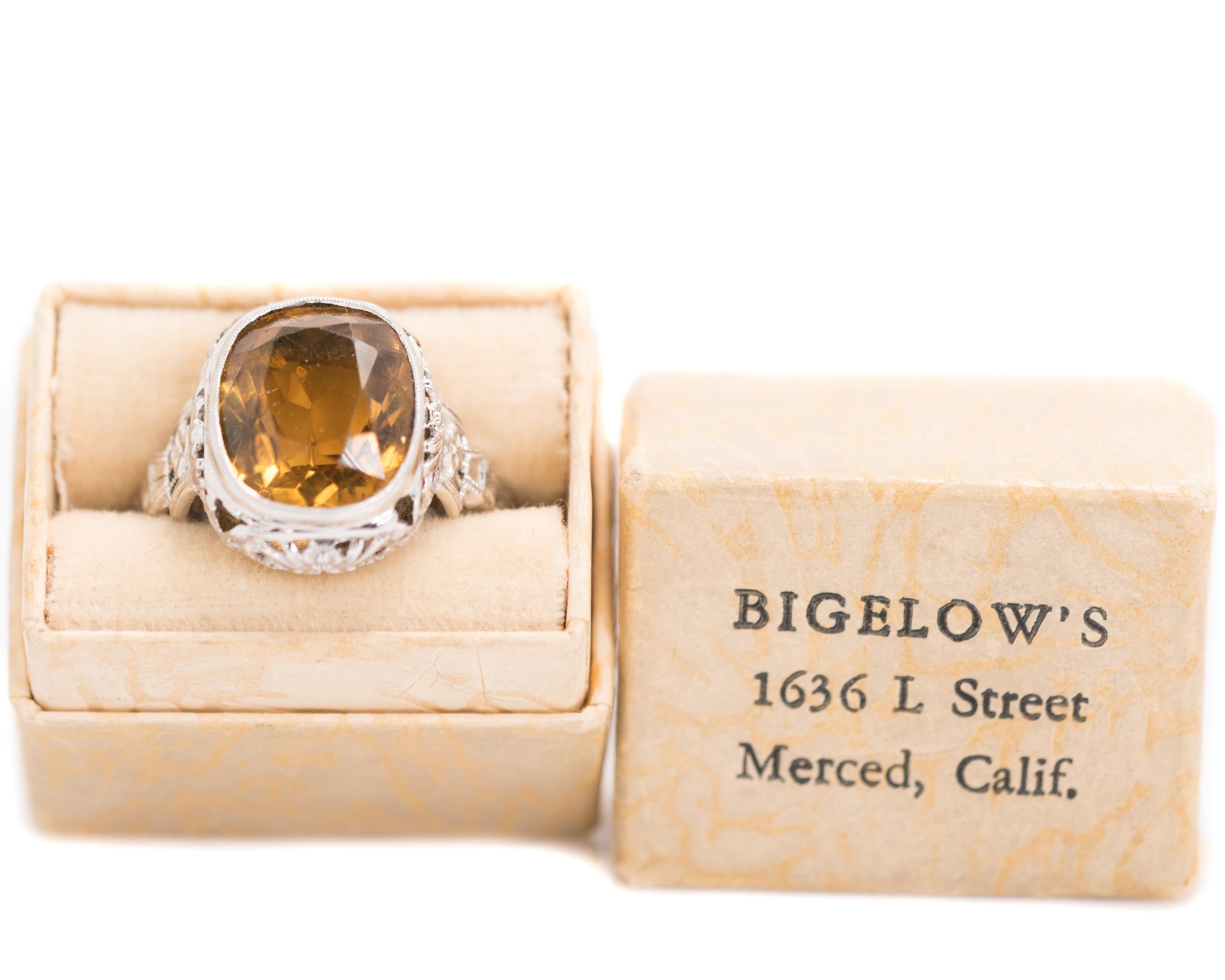 1930s Art Nouveau 5 Carat Citrine, 14 Karat White Gold Filigree Engagement Ring 6