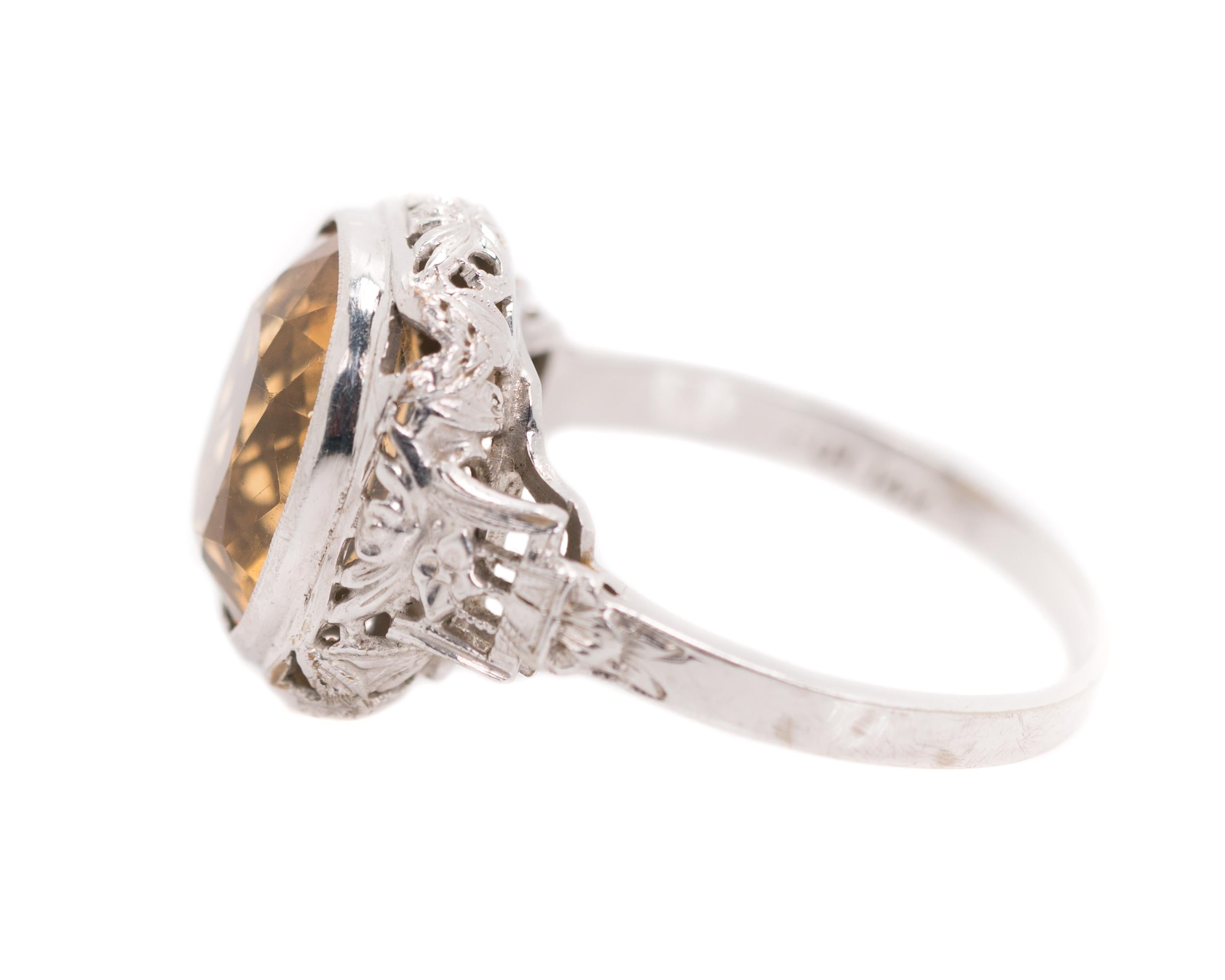 1930s Art Nouveau 5 Carat Citrine, 14 Karat White Gold Filigree Engagement Ring In Good Condition In Atlanta, GA