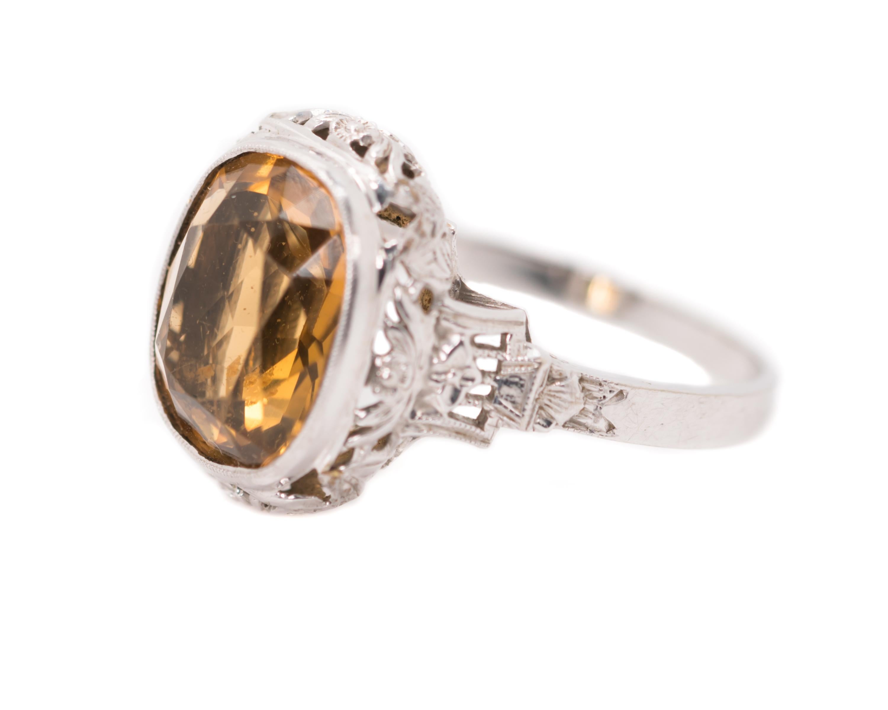 Women's 1930s Art Nouveau 5 Carat Citrine, 14 Karat White Gold Filigree Engagement Ring