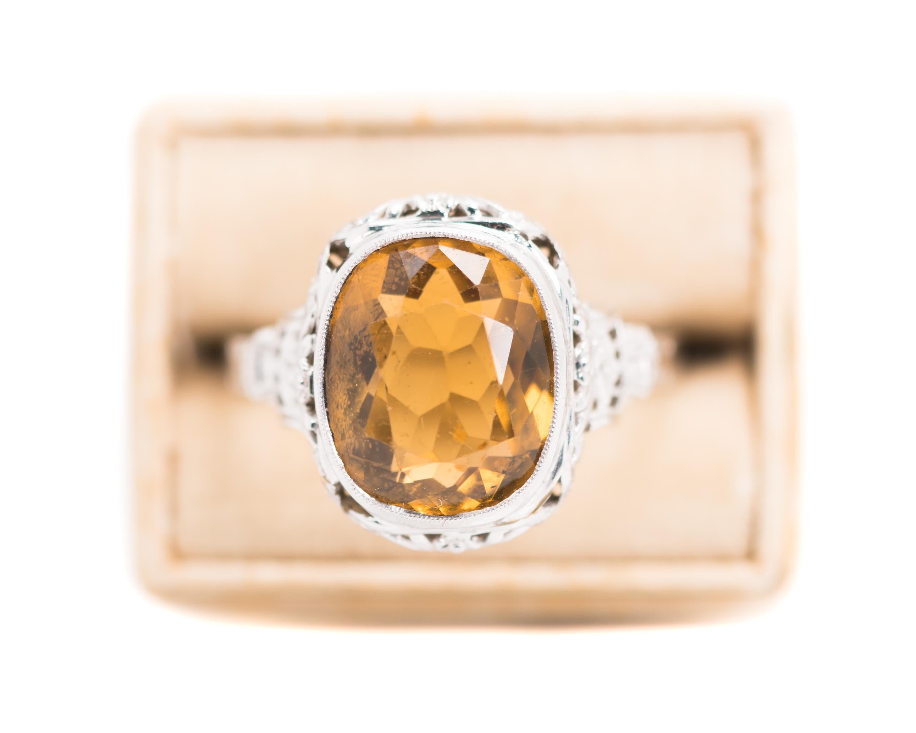 1930s Art Nouveau 5 Carat Citrine, 14 Karat White Gold Filigree Engagement Ring 3