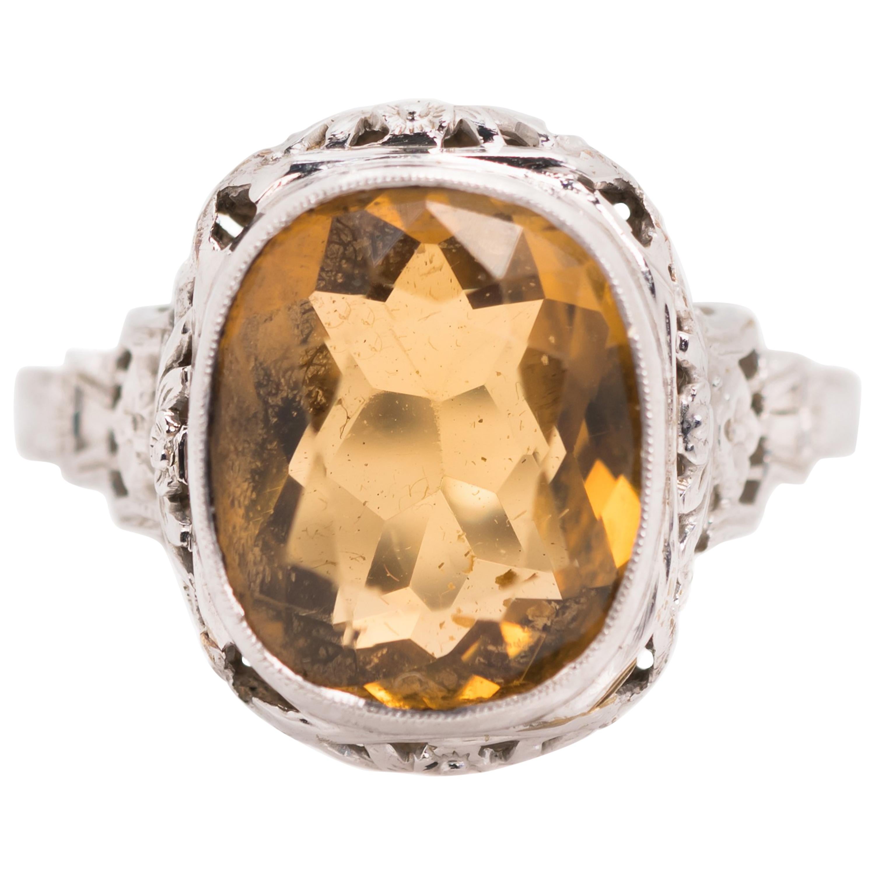 1930s Art Nouveau 5 Carat Citrine, 14 Karat White Gold Filigree Engagement Ring