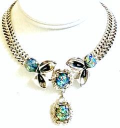 1930'S Art Nouveau 925 Sterling Silver Opal Art Glass Choker Necklace-Signed